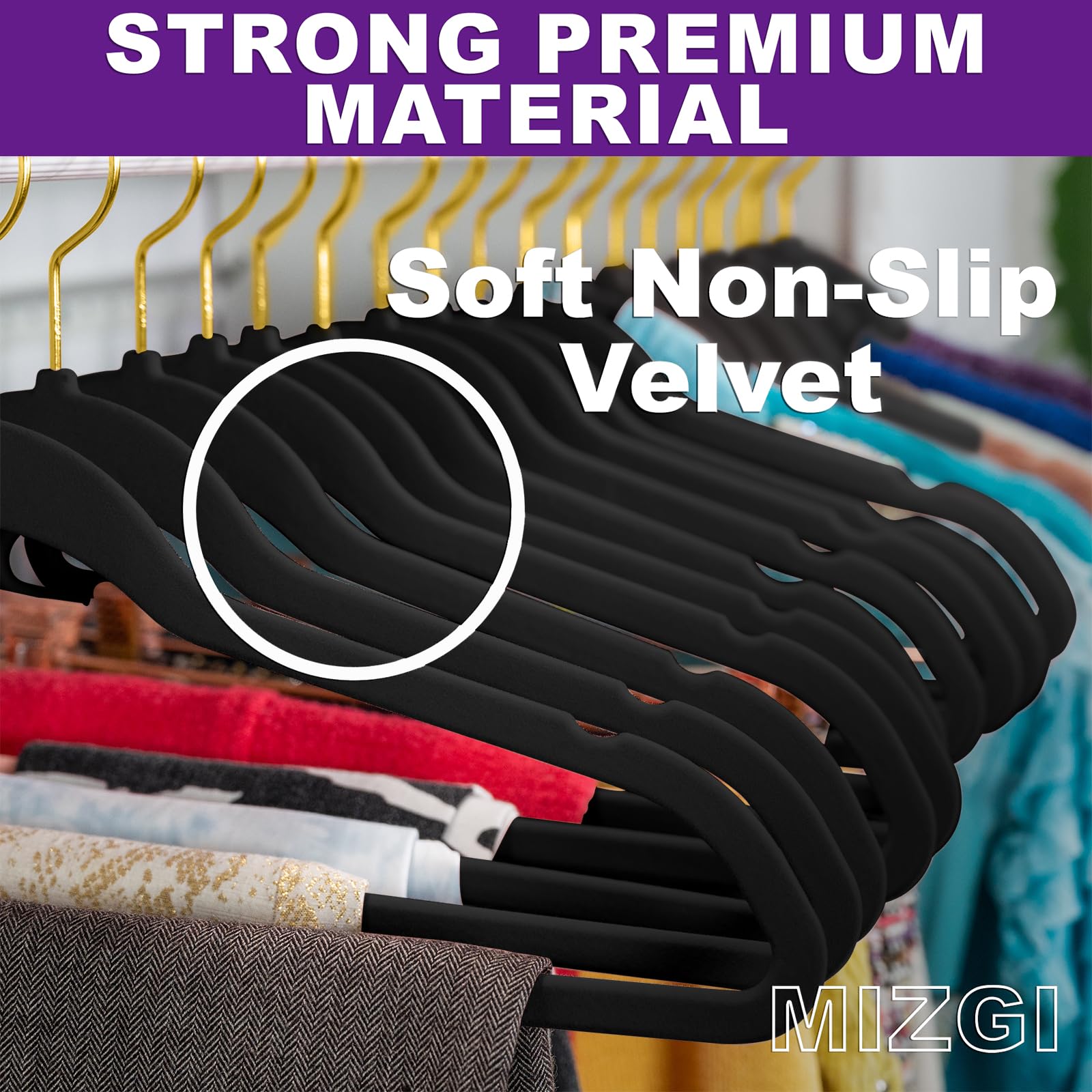 Mizgi Premium Velvet Hangers Pack 40 Pcs Heavy Duty - Non Slip Felt Hangers - Velvet Suit Hangers Black With Gold Hooks,Space Sa