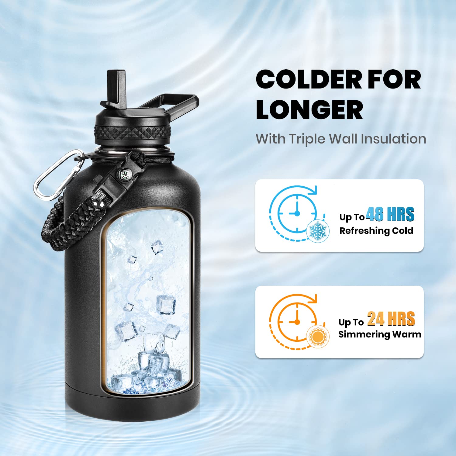 RAYMYLO Insulated Water Bottle 64 oz  Triple Wall Vacuum Stainless Steel (Cold for 48 Hrs)  Leak Proof & BPA-Free  Half Gallon Water Flask Jug with Paracord Handle & Straw Spout Lids  Magic Black