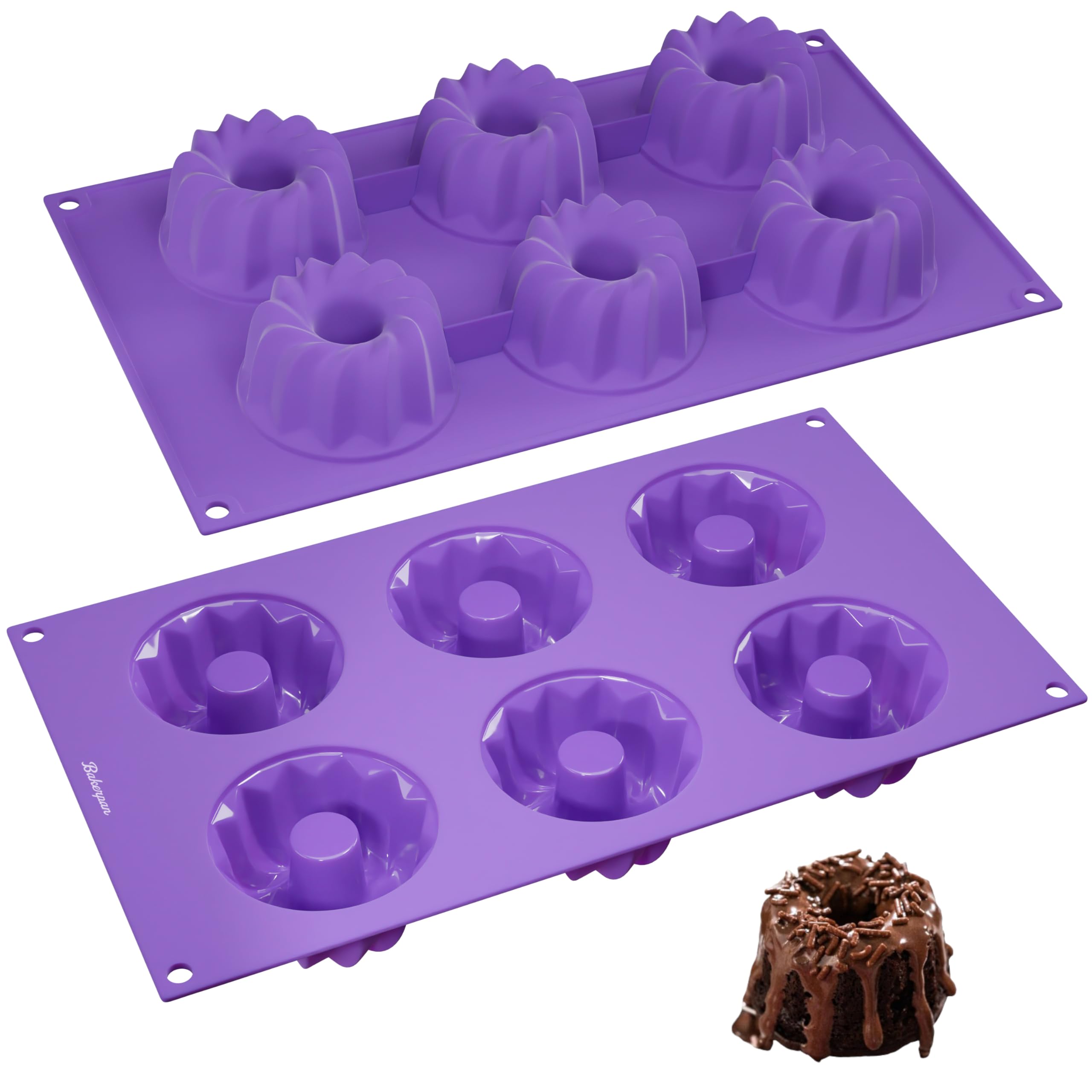 Bakerpan Silicone Mini Fluted Cake Pans, Mini Gelatin Molds, Small Jello Molds, Mini Cake Pans, 6 Cavities - Set Of 2