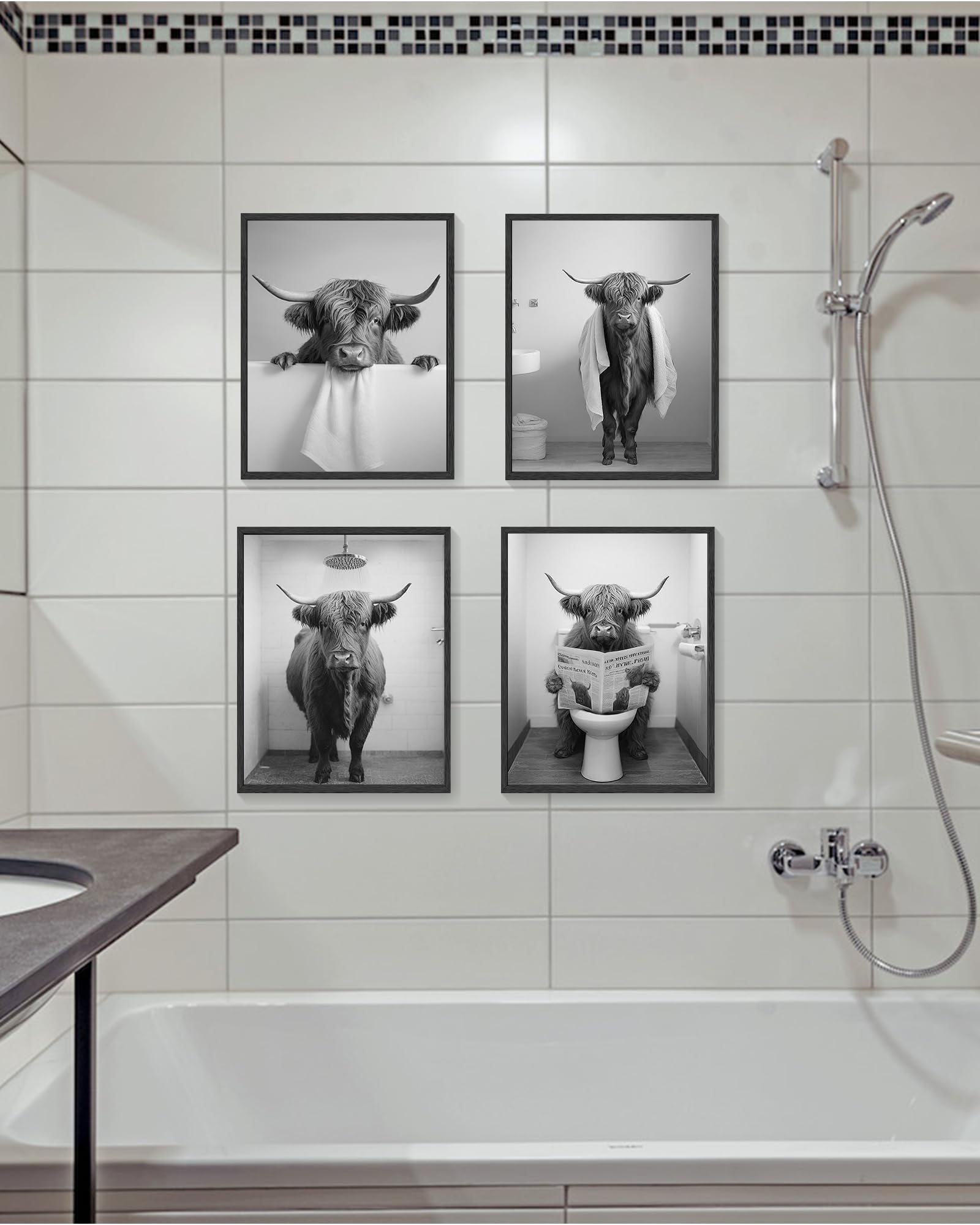 Funny Highland Cow Bathroom Wall Art Framed Black And White Rustic Cute Bathroom Canvas Prints For Bathroom Restroom Decor 11X14