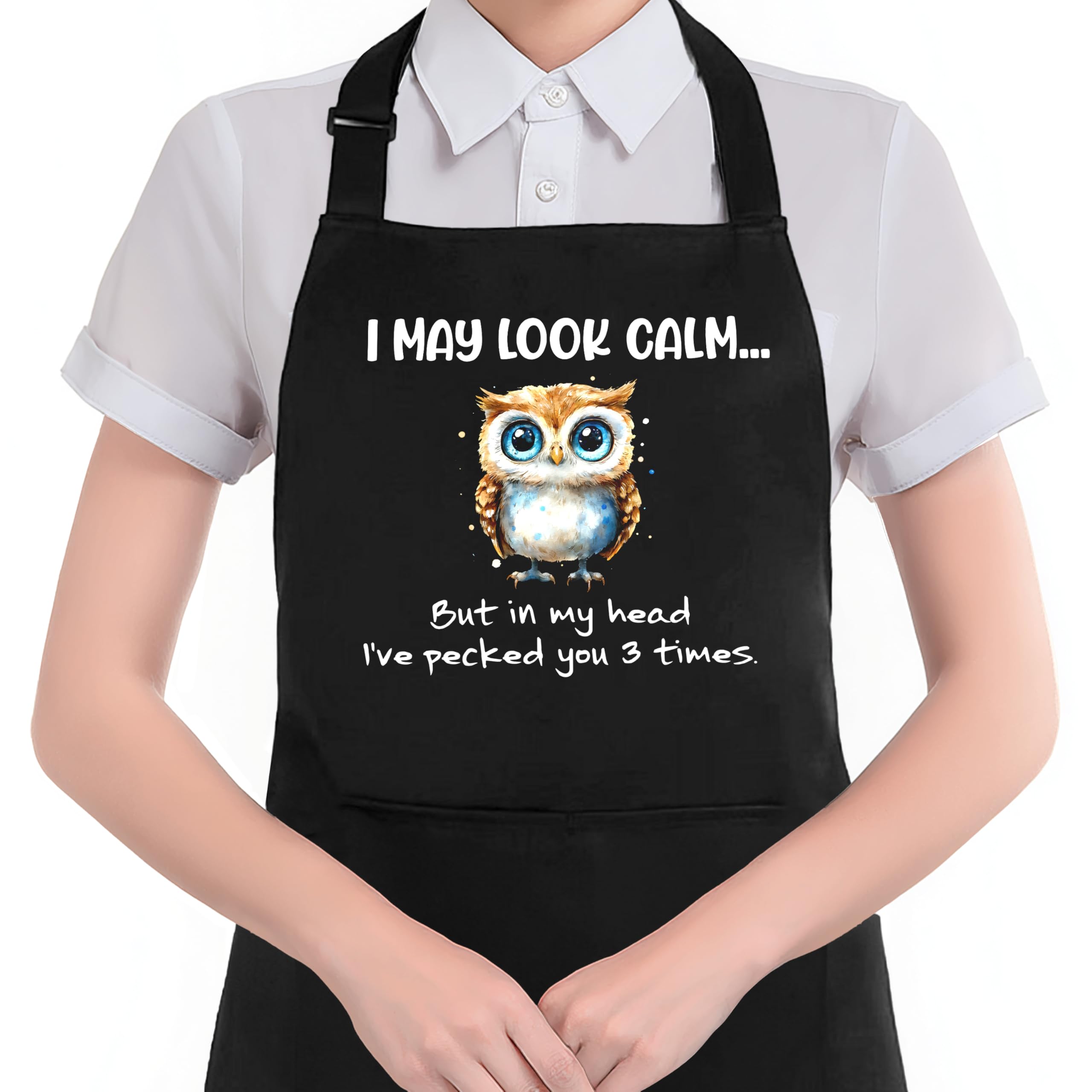 Hugane Funny Owl Bird Apron With Pockets, Gifts For Owl Lovers, I May Look Calm Humorous Bird Waterproof Adjustable Cooking Apro