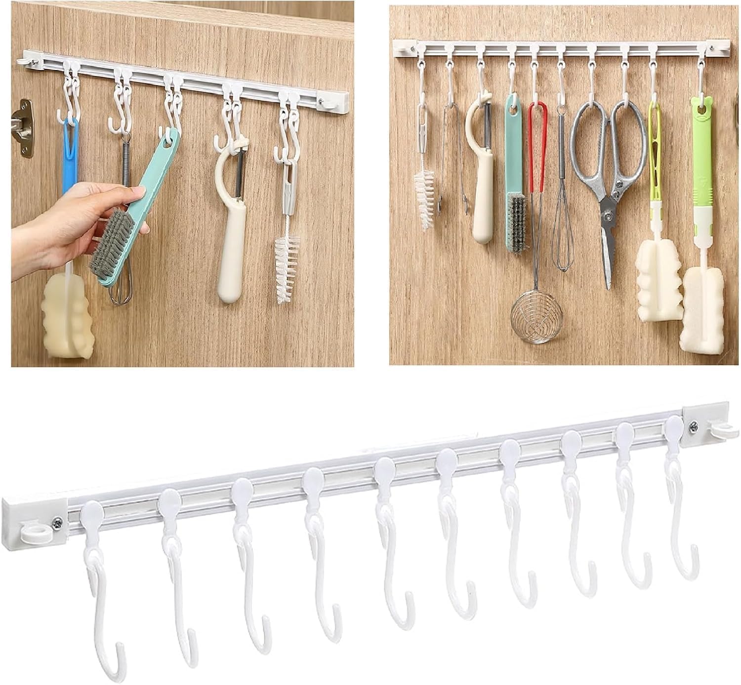 Delzon Multifunctional Slide Rail Hook, Adhesive Wall Hooks Rack, Kitchen Utensil Holder With 12 Hooks, Cupboard Hanging Storage