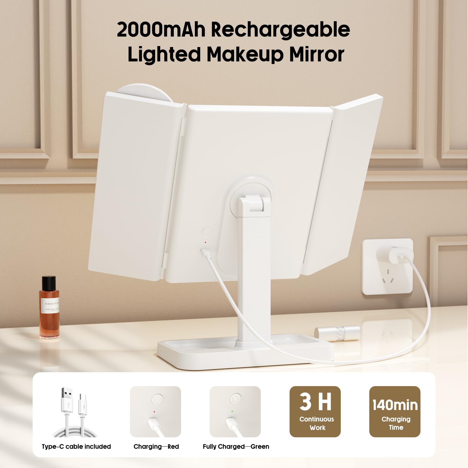Frano Makeup Vanity Mirror With Lights, Rechargeable Lighted Makeup Mirror With 2X 3X 10X Magnification, Led Mirror Makeup With