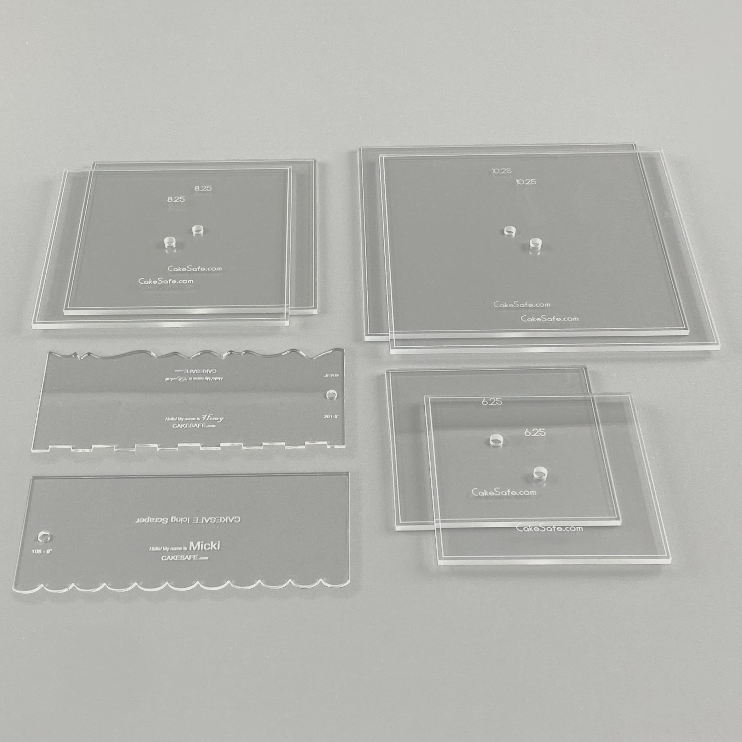 Cakesafe Square Essential Cake Decorating Acrylic Disk Kit - 3 Sets - Square 6.25'', 8.25'', 10.25'' Disk Sets (2 Disks Per Size