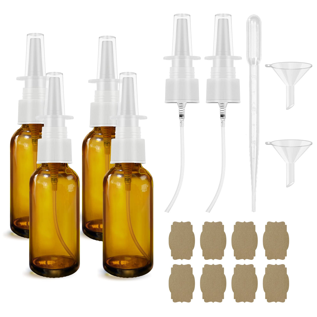 Givameihf Nasal Spray Bottle Spray Glass Bottles 4Pcs 1Oz (30Ml) With Press Spray Head Refillable Portable Fine Mist, 2* Funnel,