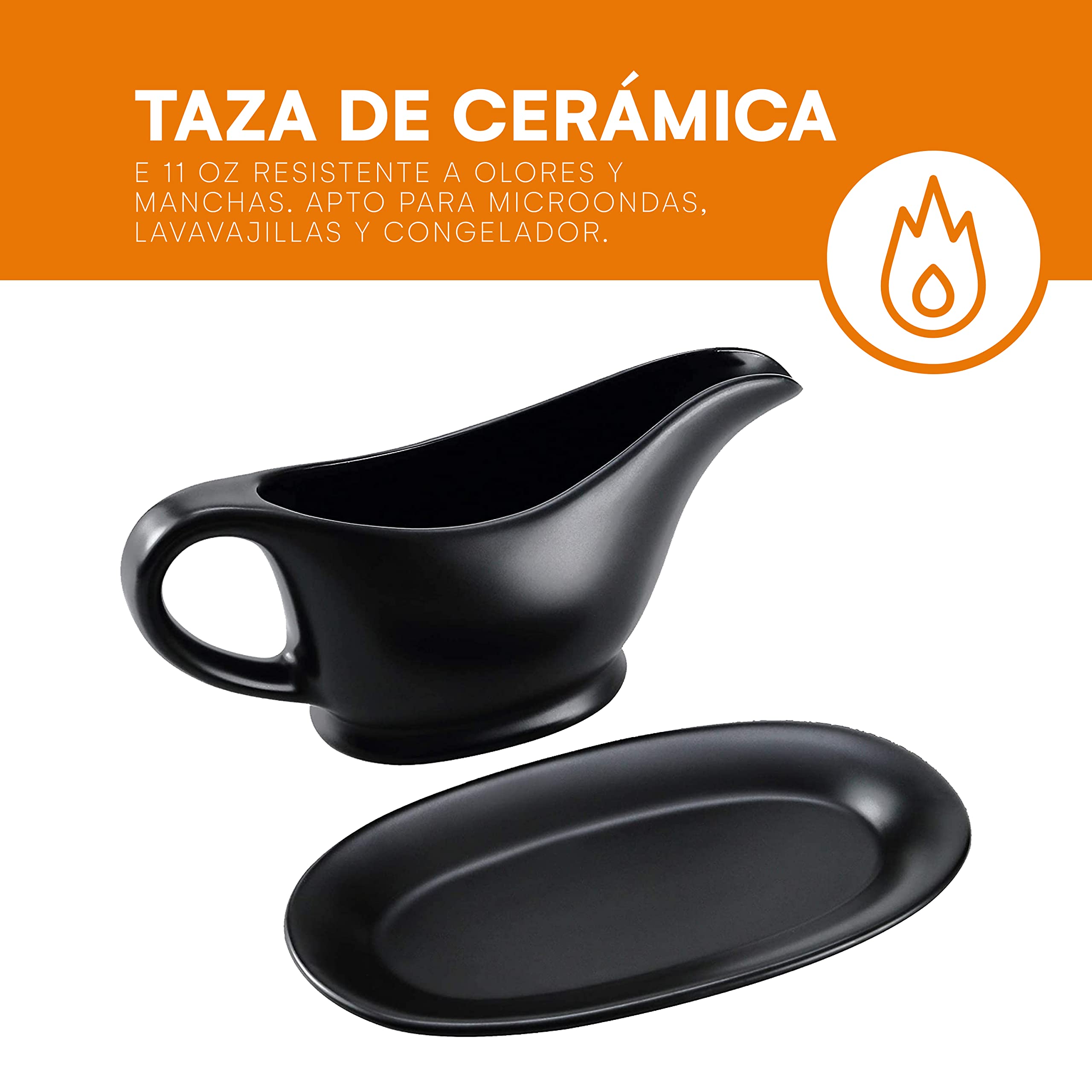 Bruntmor 11 Oz Black Ceramic Gravy Boat With Tray, 11 Ounce Small Ceramic Serving Dish, Dispenser With Tray For Sauces, Dressing