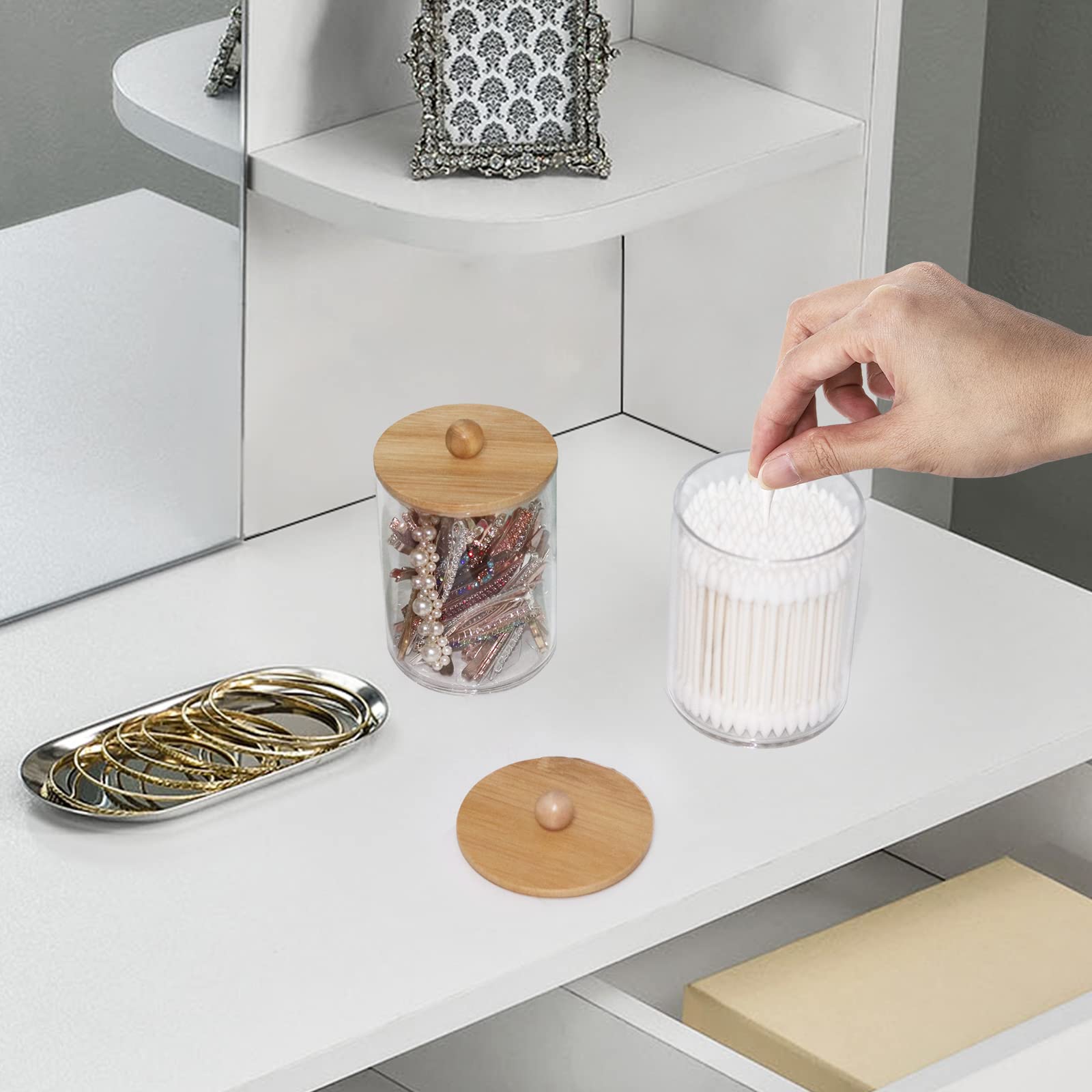 Tbestmax 6 Pack Qtip Holder, 10-Ounce Apothecary Jars With Bamboo Lids For Cotton Ball Swab Pad Dispenser, Bathroom Canisters Or