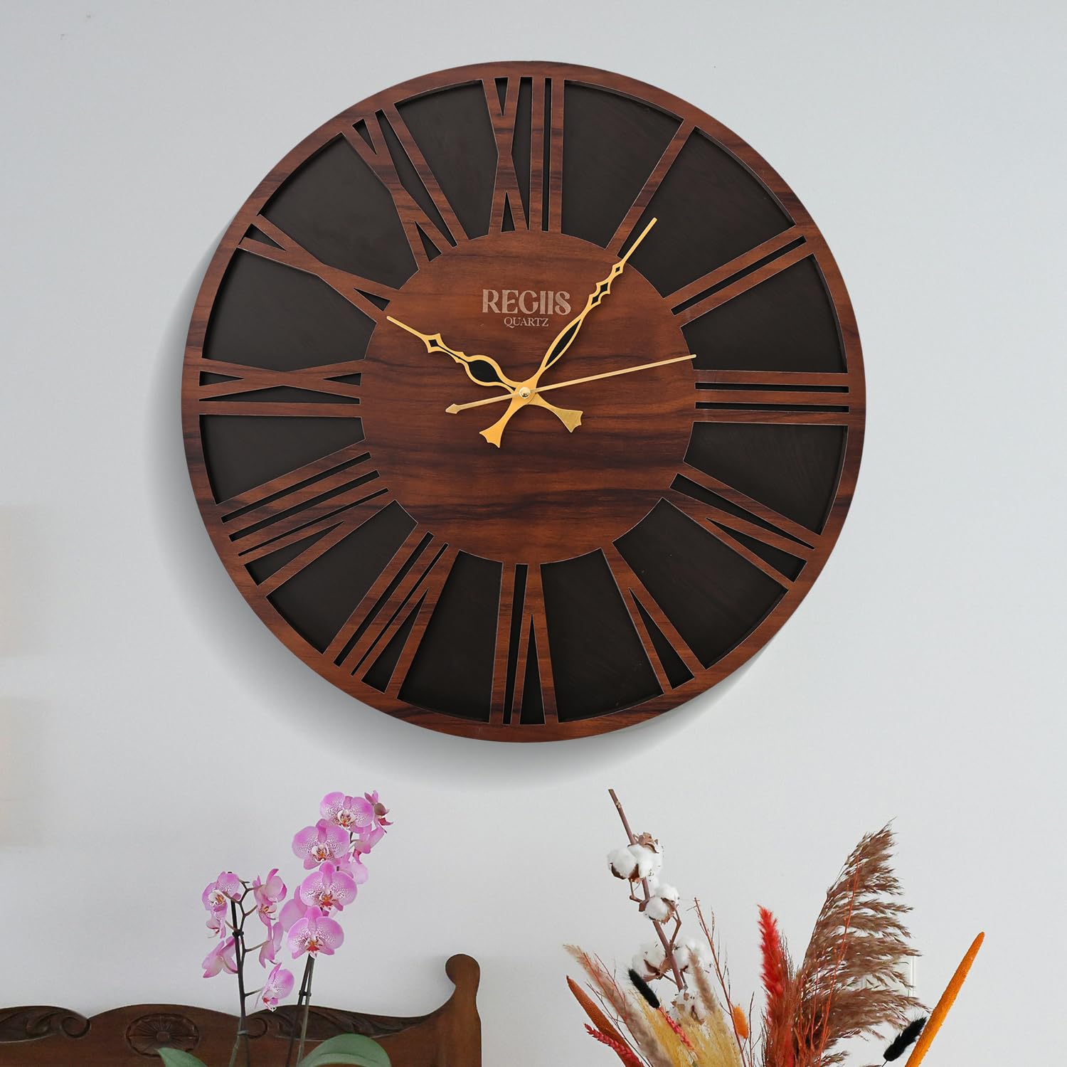 Regiis Opera Engineered Wood Round Shape Roman Dial Wall Clock With Silent Quartz Movement | Decorative Wooden Anti Reflection A