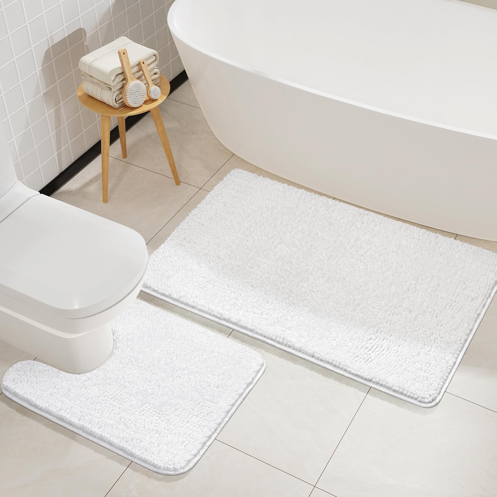 Lochas Bathroom Rugs Sets 2 Piece, Soft Non Slip Bath Mat Set, 20''X20'' U-Shaped Toilet Rug And 34''X21'' White Bathroom Rugs,