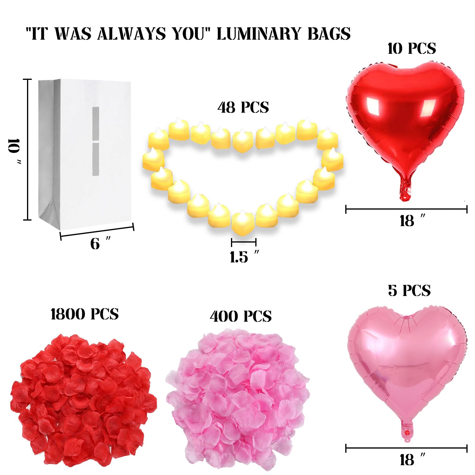 It Was Always You Lighted Letters Sign 8pcs Luminary Paper Bags 2000pcs Red Pink Artificial Rose Petals 48pcs Flameless LED Cand