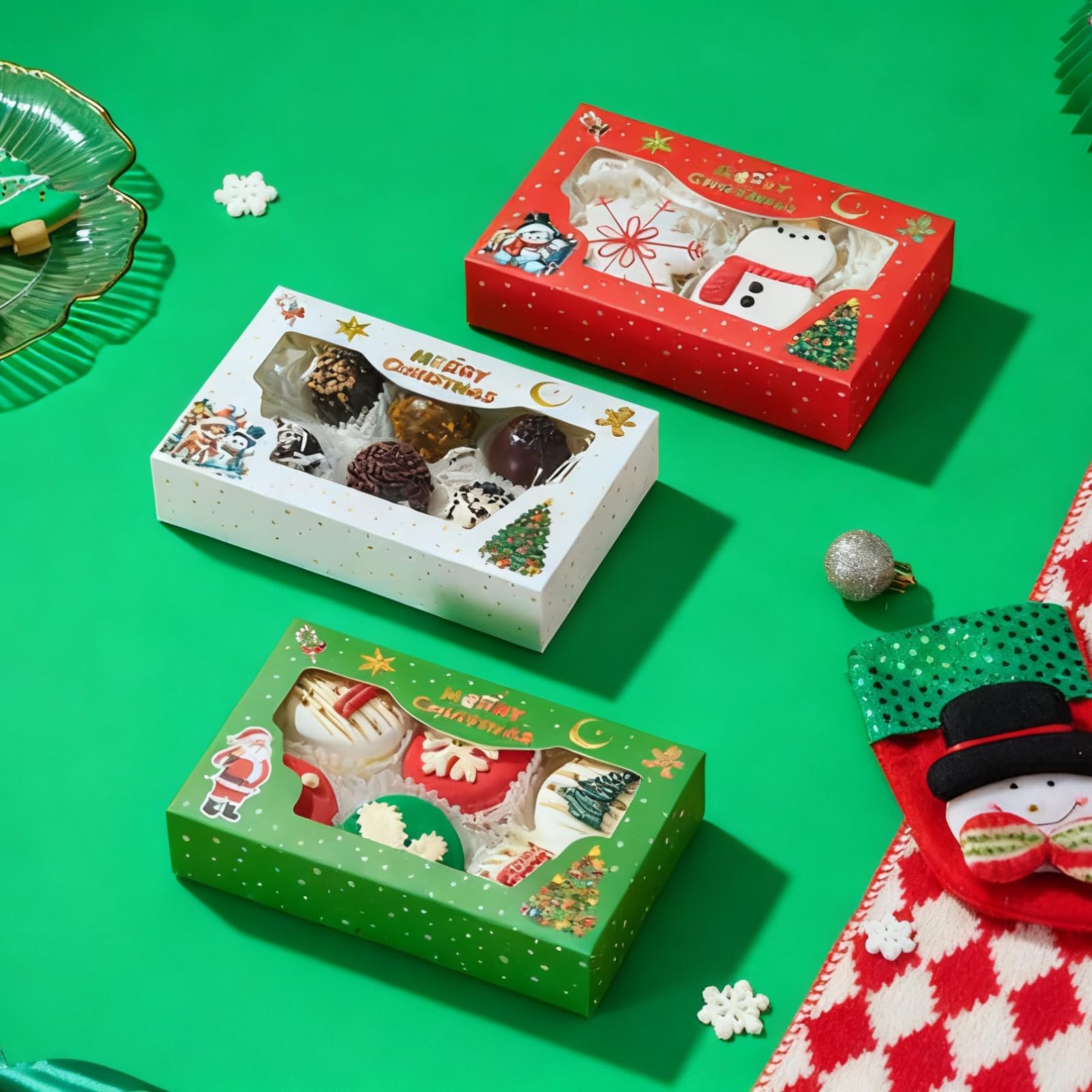 12 Pack 7x4.3x1.5Inch Green/Red/White Christmas Cookie Gift Boxes Clear Window Ideal for Packaging Cookie Macaron Cake Pop Choco
