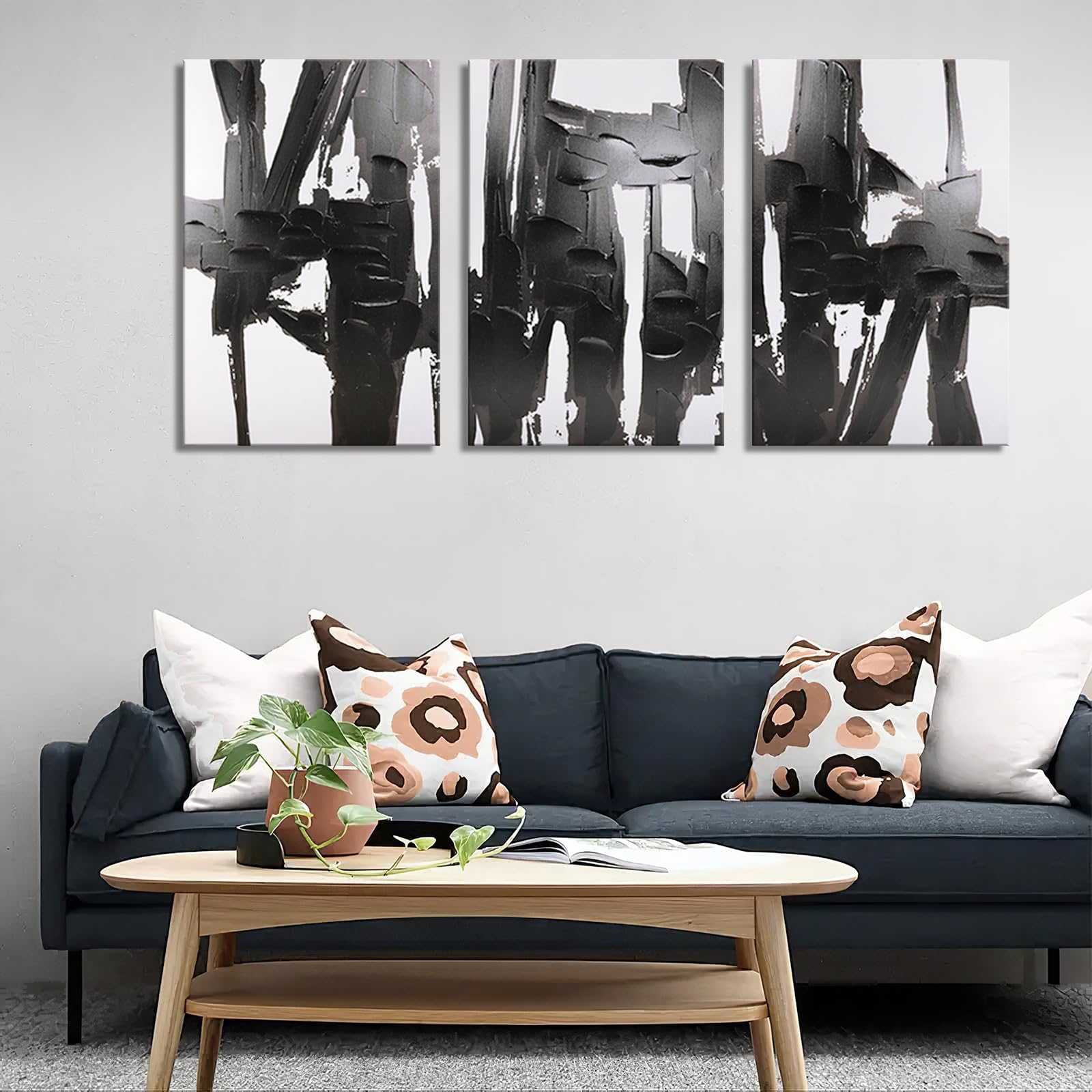 Pinetree Art 3 Panels Black And White Abstract Canvas Wall Art Prints 3D Textured Painting For Living Room (Medium)