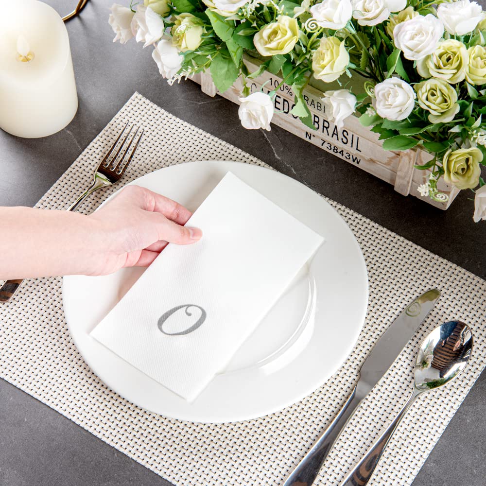 Luxenap 15.8 X 7.9 Inch Linen-Feel Guest Towels, 2000 Lettered Hand Towels - Silver Letter 'O', Cursive Font, White Paper Dinner