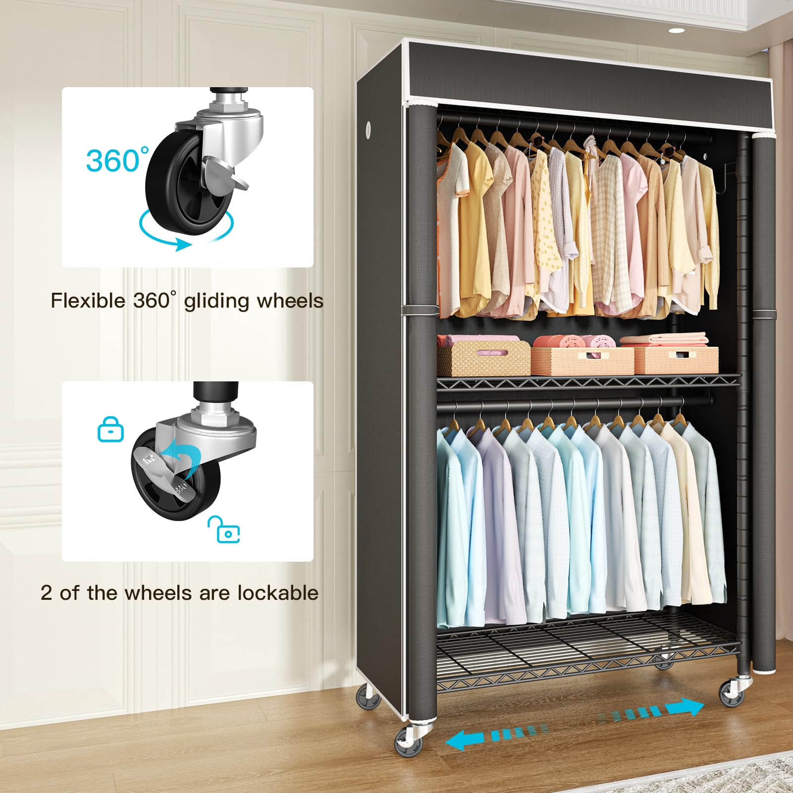 Futassi Clothing Rack With Cover, P1C Rolling Closet Rack With Wheels, Metal Garment Rack For Hanging Clothes, Clothing Storage