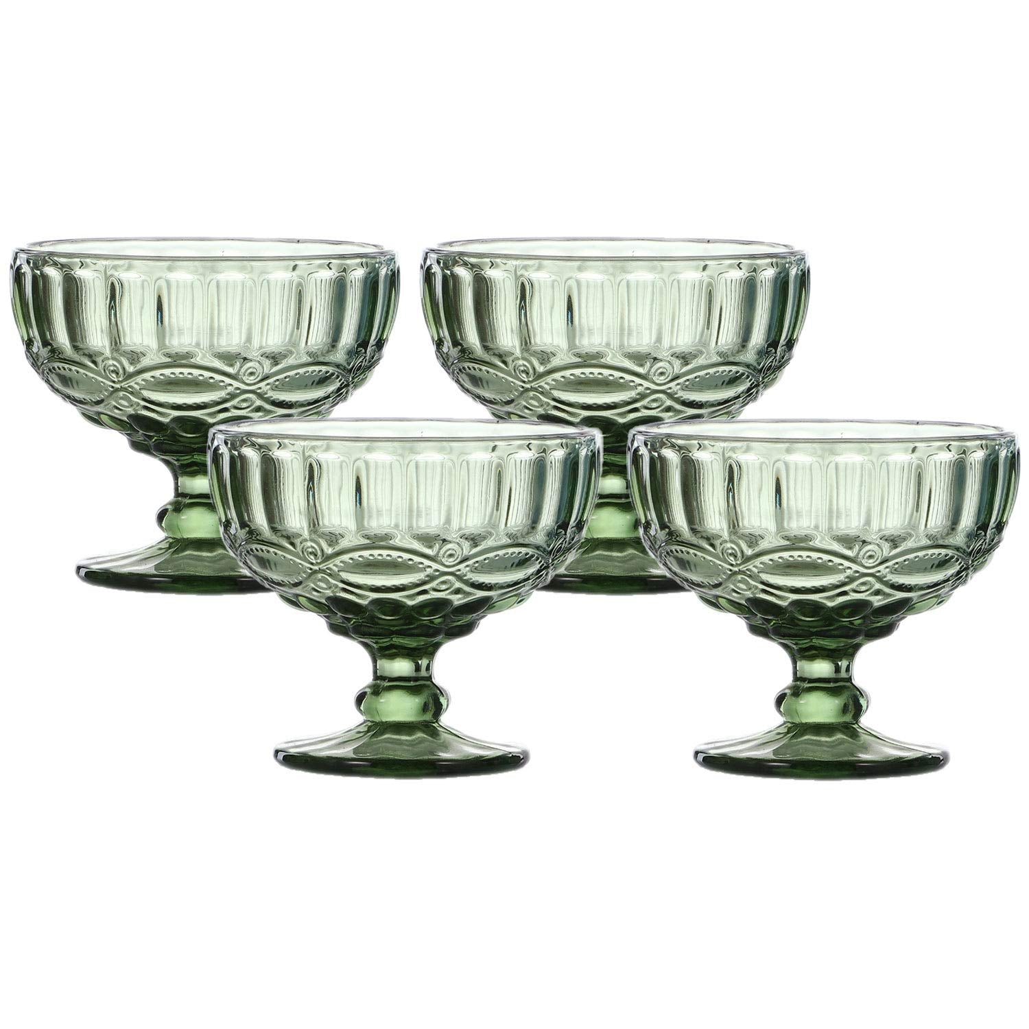 Vanenjoy Green Vintage Pressed Pattern Glass Ice Cream Cups/Dessert Bowls - Set Of 4,12 Oz