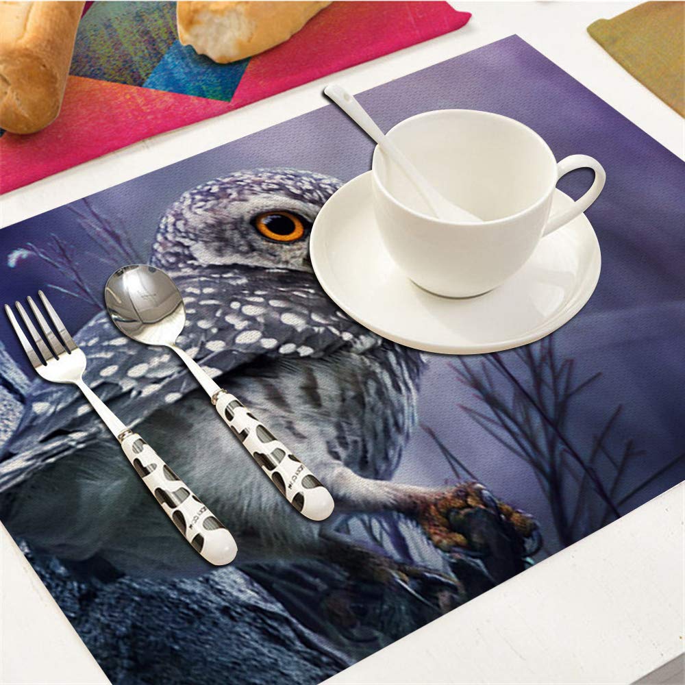 Owl Placemats Set Of 4, Cute Owl Winter Tree Blue Placemats Heat Resistant For Dining Table Non-Slip 18X12 Inches
