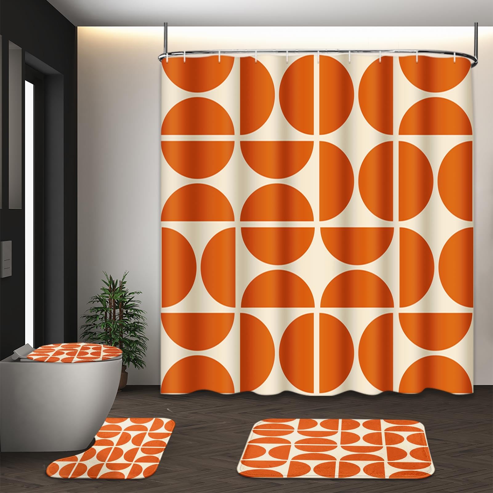 Tayney Orange Boho Mid Century Shower Curtain Set With Toilet Lid Cover And Non-Slip Rugs, Abstract Geometric Art 4 Pcs Modern M