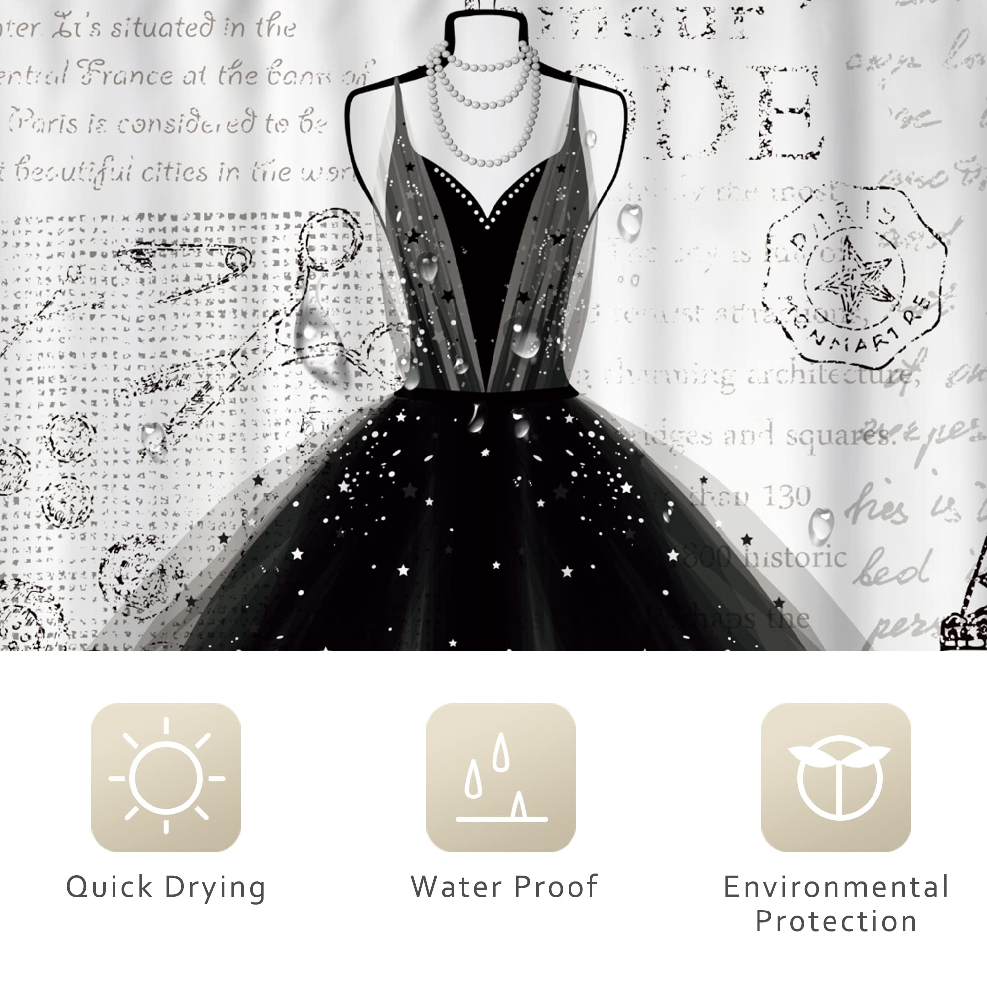 Riyidecor Shower Curtain - Black White Eiffel Tower, 60Wx72H Inch, Polyester, Waterproof, Modern Girls Bathroom Decor, Model RYD-HQYKHW-67868