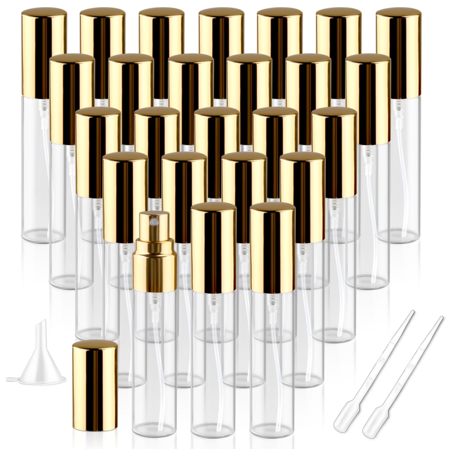Bosmiow 25Pcs 10Ml Clear Glass Perfume Sample Vials With Golden Pump Head,Mini Empty Fine Mist Atomizer,Portable Essential Oils