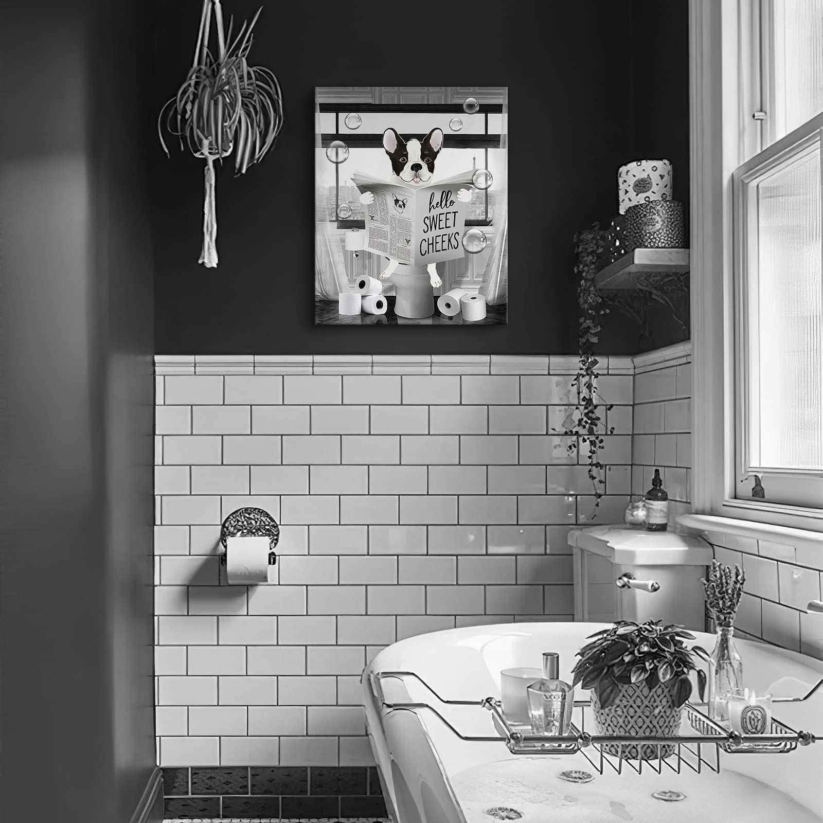 Funny Bulldog Wall Art Black And White Dog Bathroom Print Farmhouse Bathroom Animals Wall Decor Dog Sitting In Toilet Reading Ne