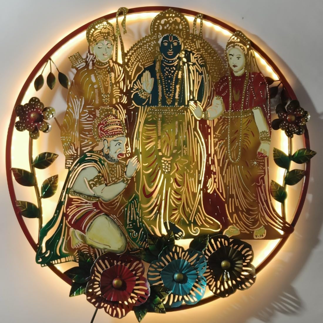 HANSART Metal Wall Art with LED, Depicting Shri Ram, Laxman, Sita and Hanuman (29 x 29 Inches)