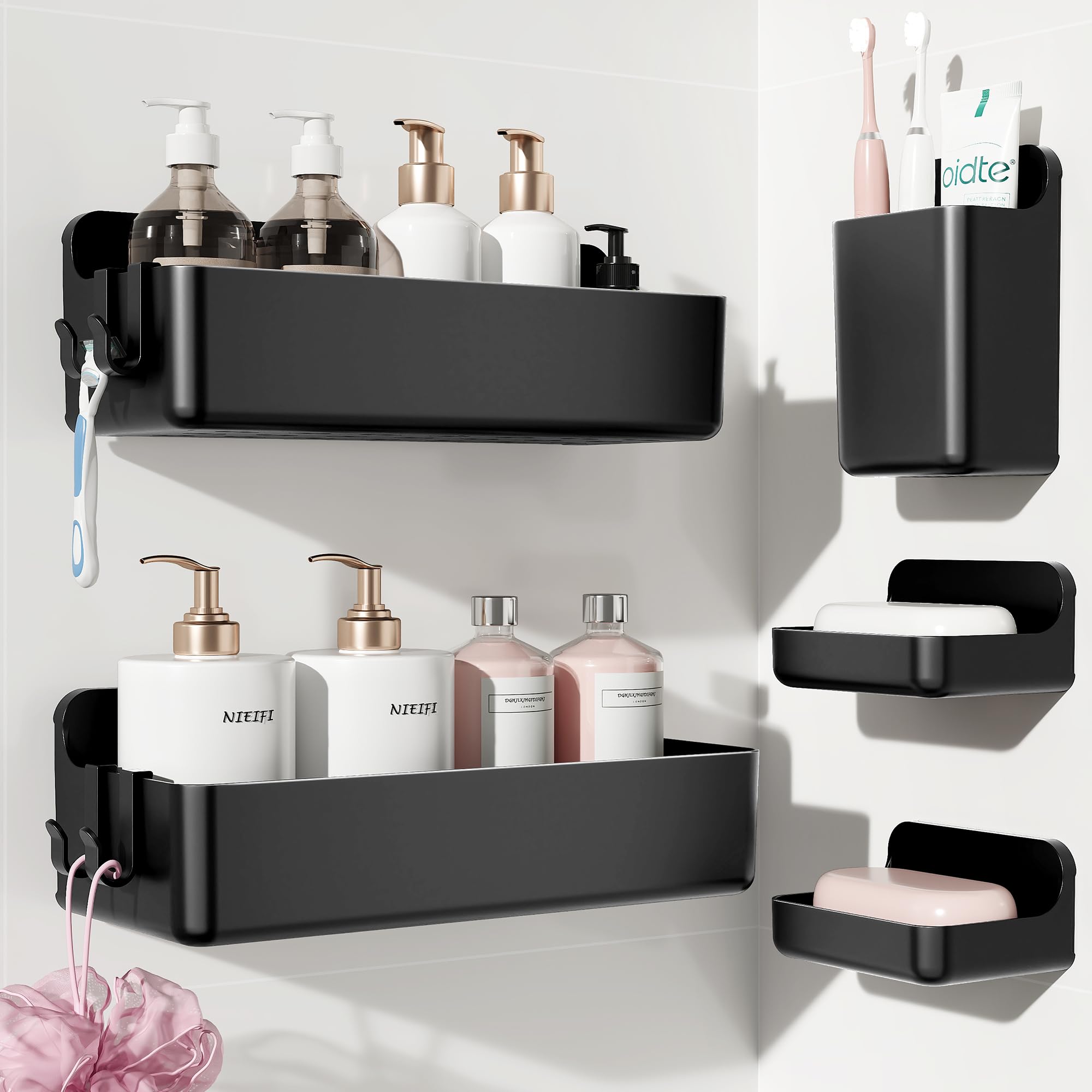 Nieifi Shower Sheves 5 Pack, Adhesive Shower Wall Shelf Organizer for Bathroom Organization, Black
