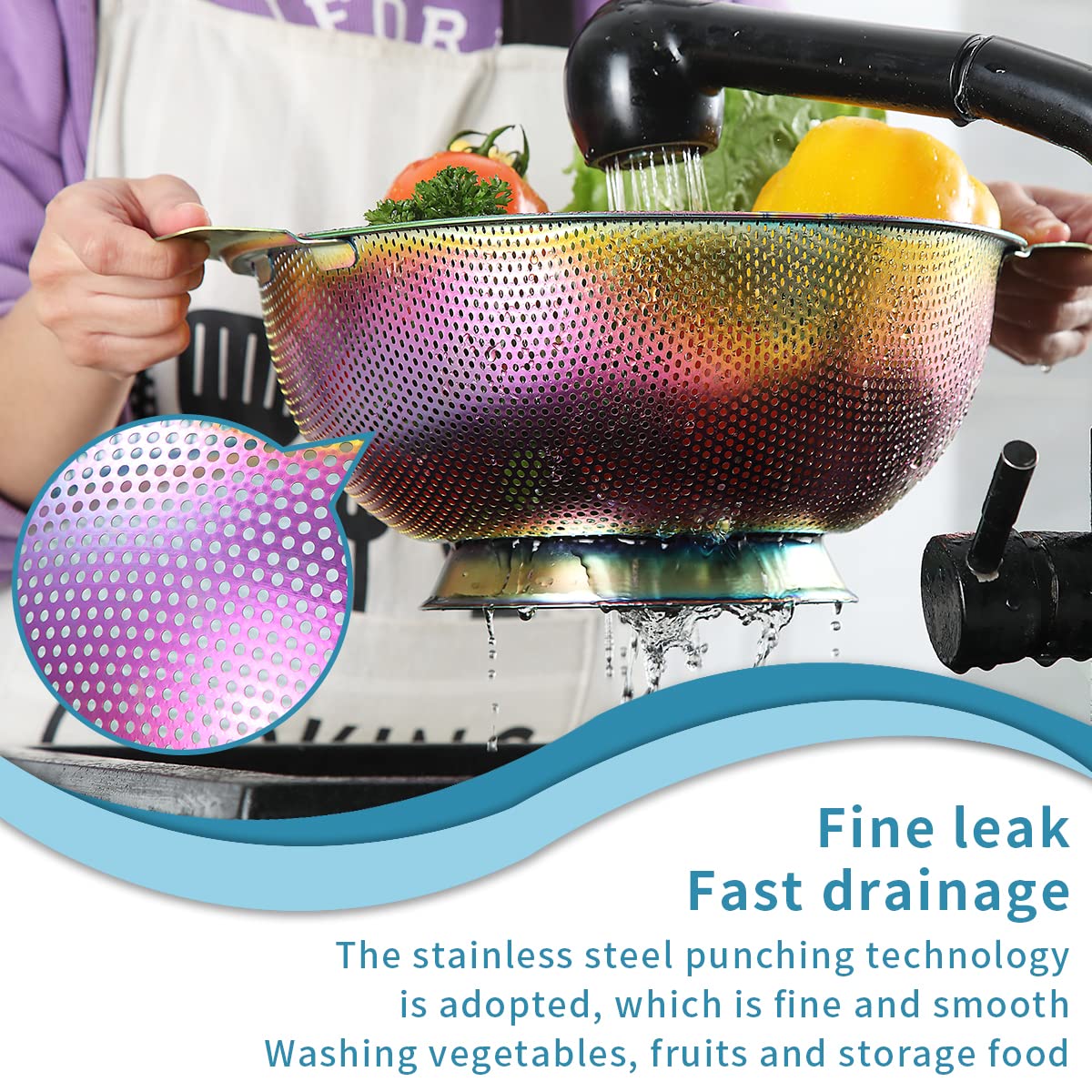 Kyraton Rainbow Colander 5 Quart, Professional Titanium Colorful Plating Stainless Steel Strainer With Heavy Duty Handles And Se