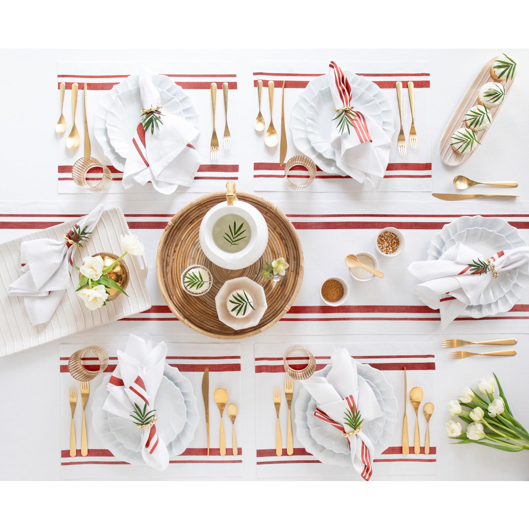 Solino Home Stripe Linen Table Runner 120 Inches Long - 100% Pure Linen Red And White Dining Table Runner 14 X 120 Inch Ideal Fo