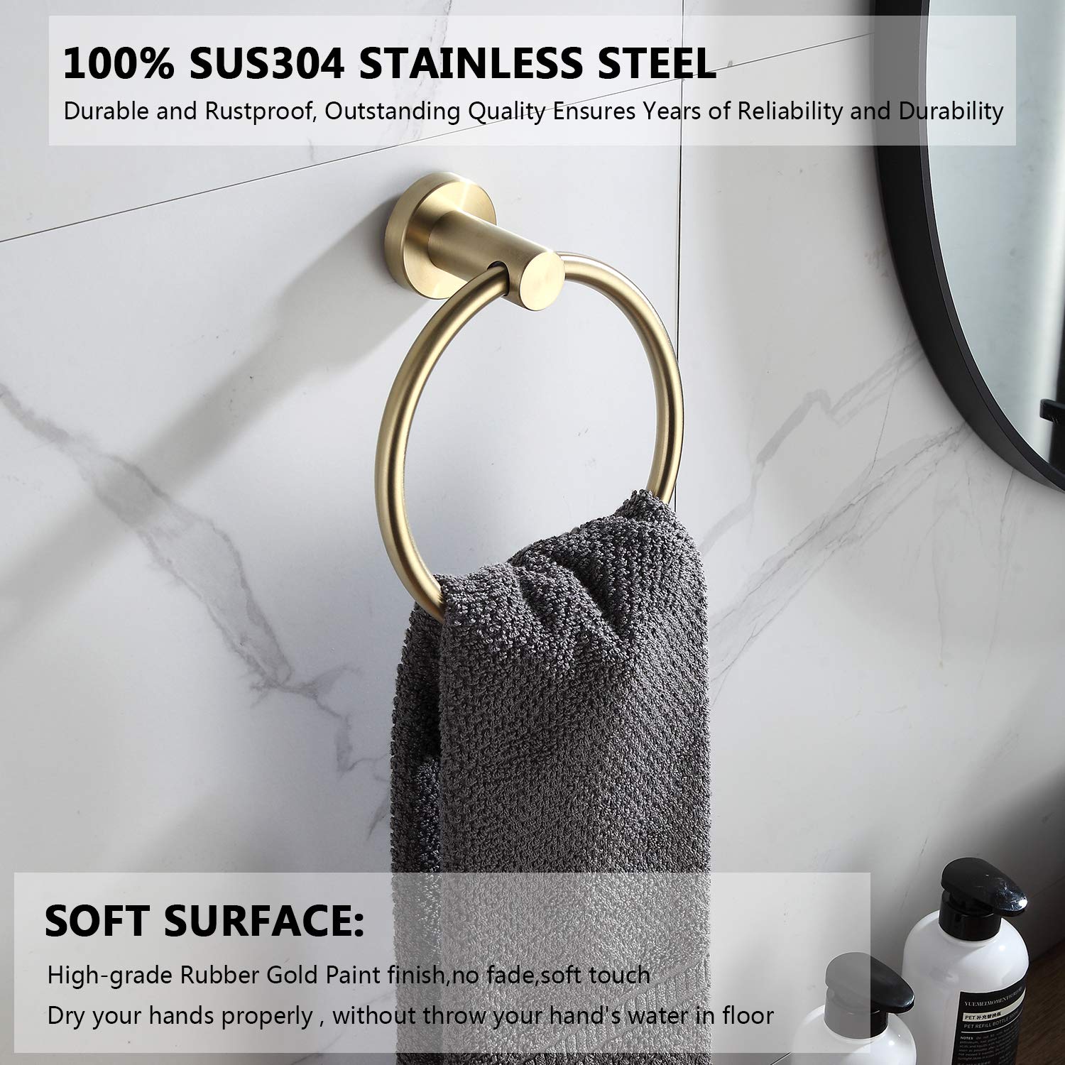 Bgl Towel Ring Brushed Gold Stainless Steel 304 Towel Ring Wall Mount Bathroom Towel Holder Round Towel Hanger
