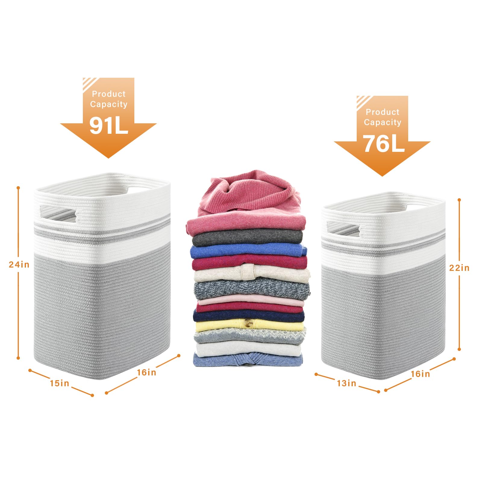 OIAHOMY 91L Laundry Hamper  XXXLarge Laundry Basket  Collapsible Cotton Rope Basket Woven Storage Basket for Blankets Clothes Pillows-16x15x24-Grey
