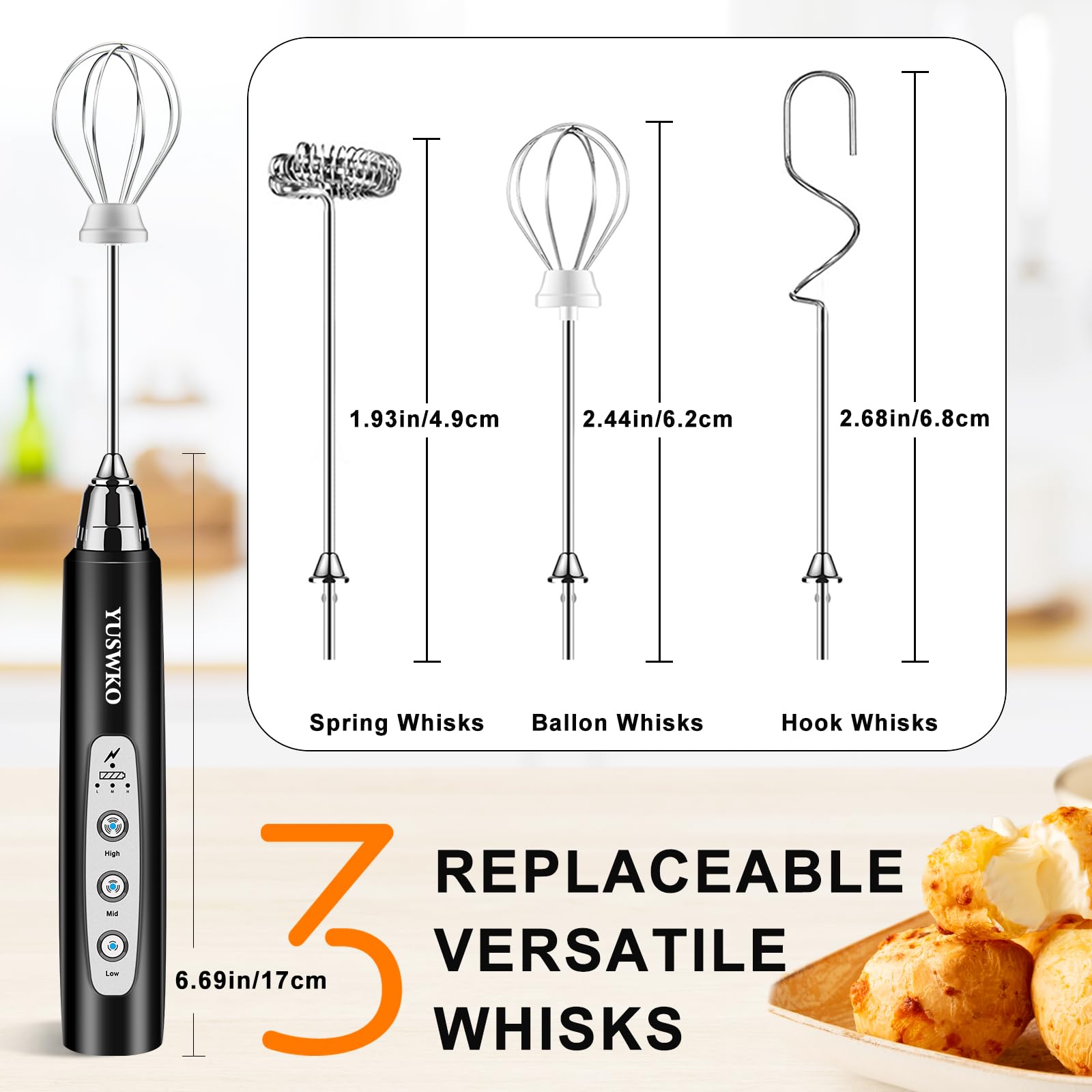 Yuswko Milk Frother Handheld With 3 Heads, Electric Whisk Drink Foam Mixer With Usb Rechargeable 3 Speeds, Mini Frother For Coff