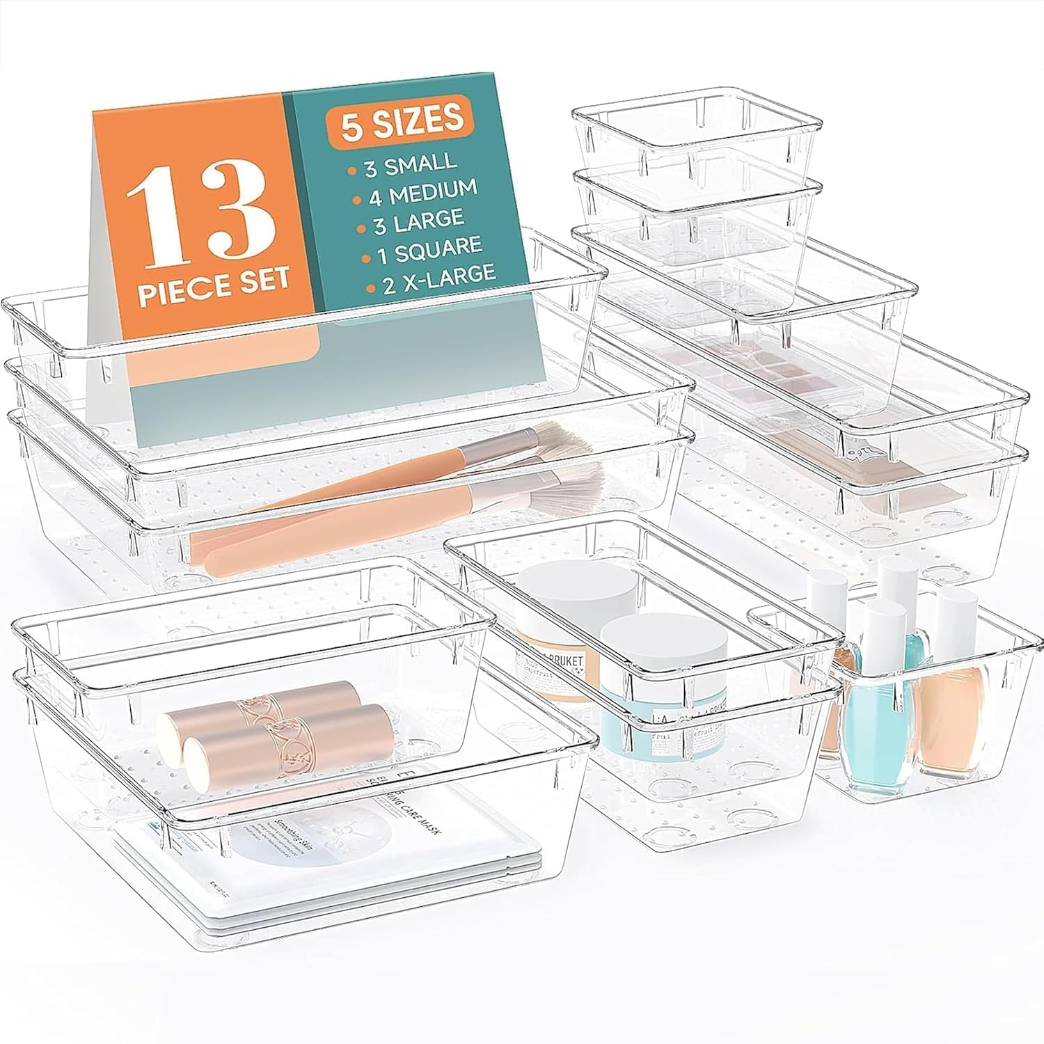 Behahai Drawer Organizer Set, Transparent Plastic With NonSlip Silicone Pads, Multiple Sizes, 6 Pieces, Rectangular Divider Tra