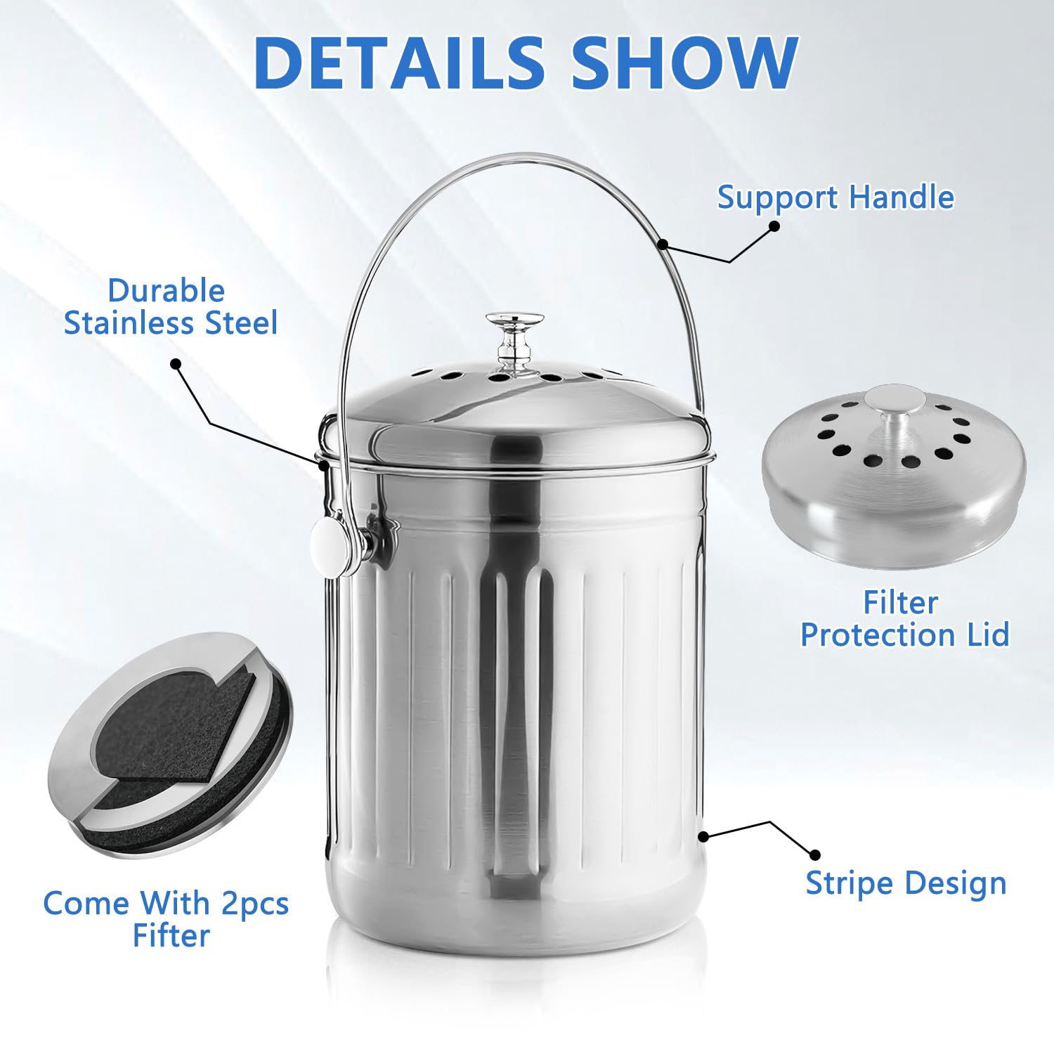 ENLOY Stainless Steel Compost Bin, 1.3 Gallon Kitchen Countertop Pail, Odorless with Carrying Handle, Silver