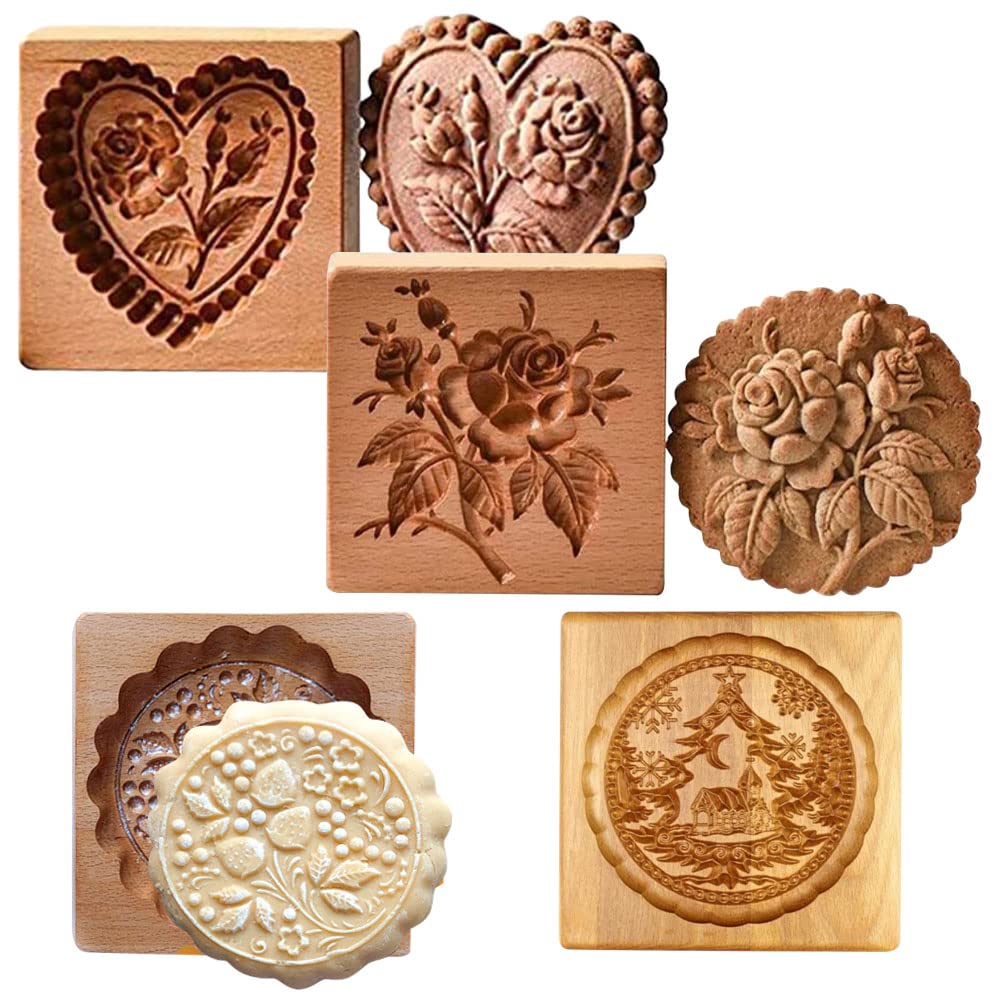 4 Pieces Wooden Cookie Molds Biscuit Carved Wooden Mould DIY Cookie Stamps Cookie Cutter Funny 3D Press Embossing Mold Flower Pa