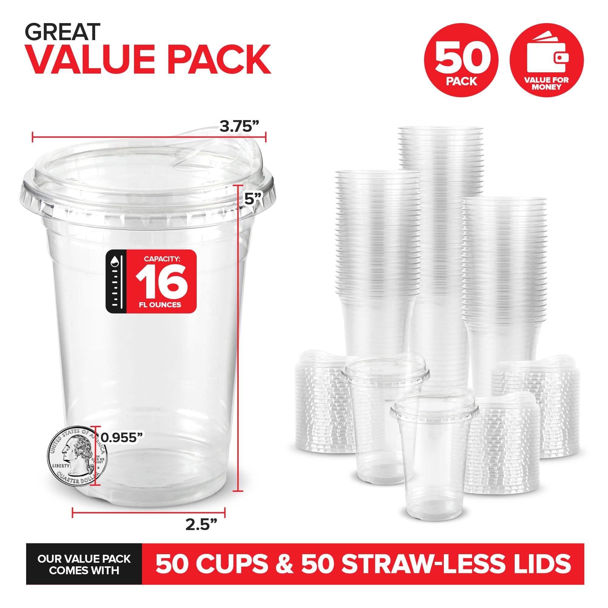 16 Oz Clear Plastic Cups With Lids Disposable, Togo Drinking Cup With Strawless Sip Lid For Smoothie, Cold Brew Iced Coffee, Lem