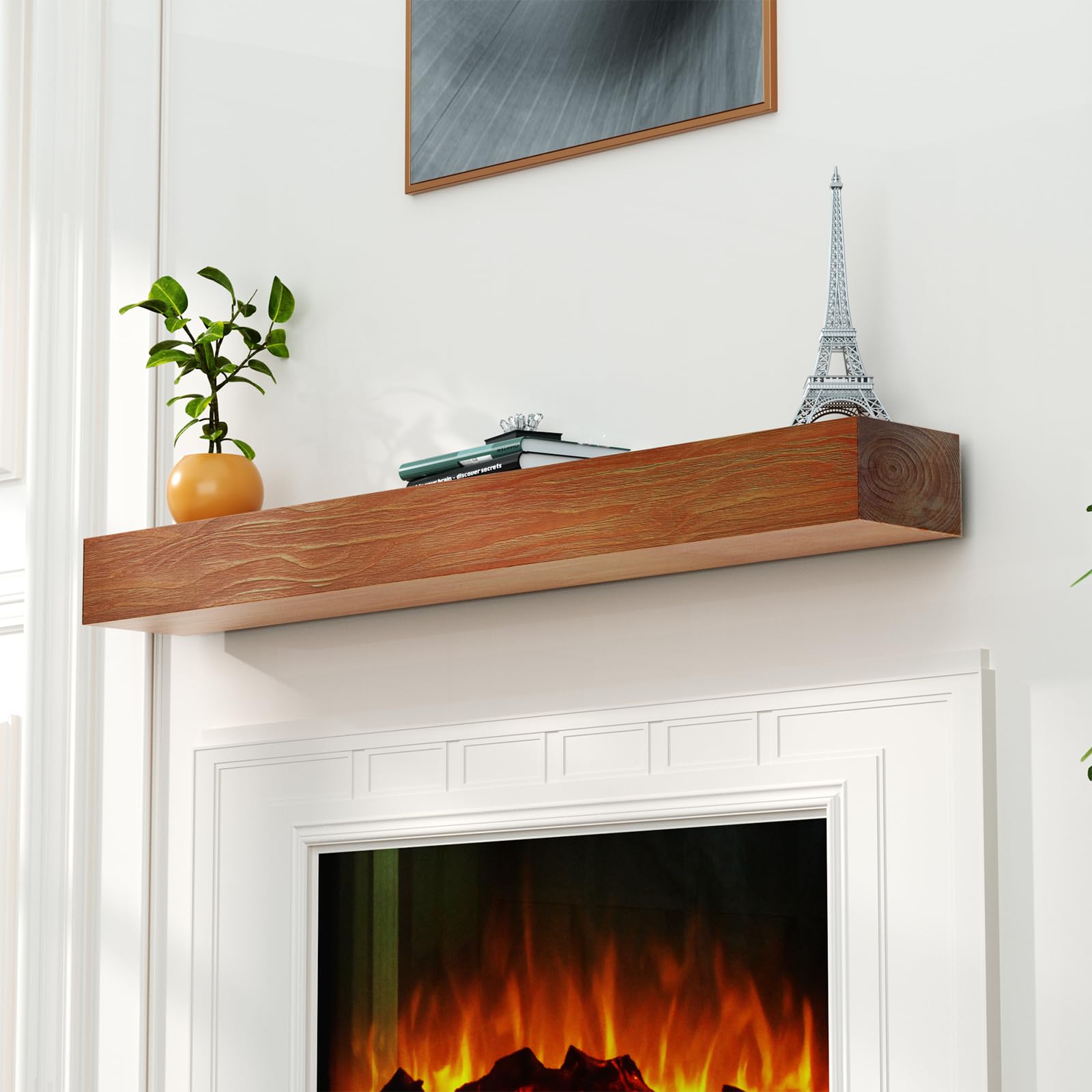 Roomtec Fireplace Mantel,84'' Wood Floating Fireplace Shelves,Wall Mounted Wooden Display Shelving,Handcrafted Wood Brack,Natura