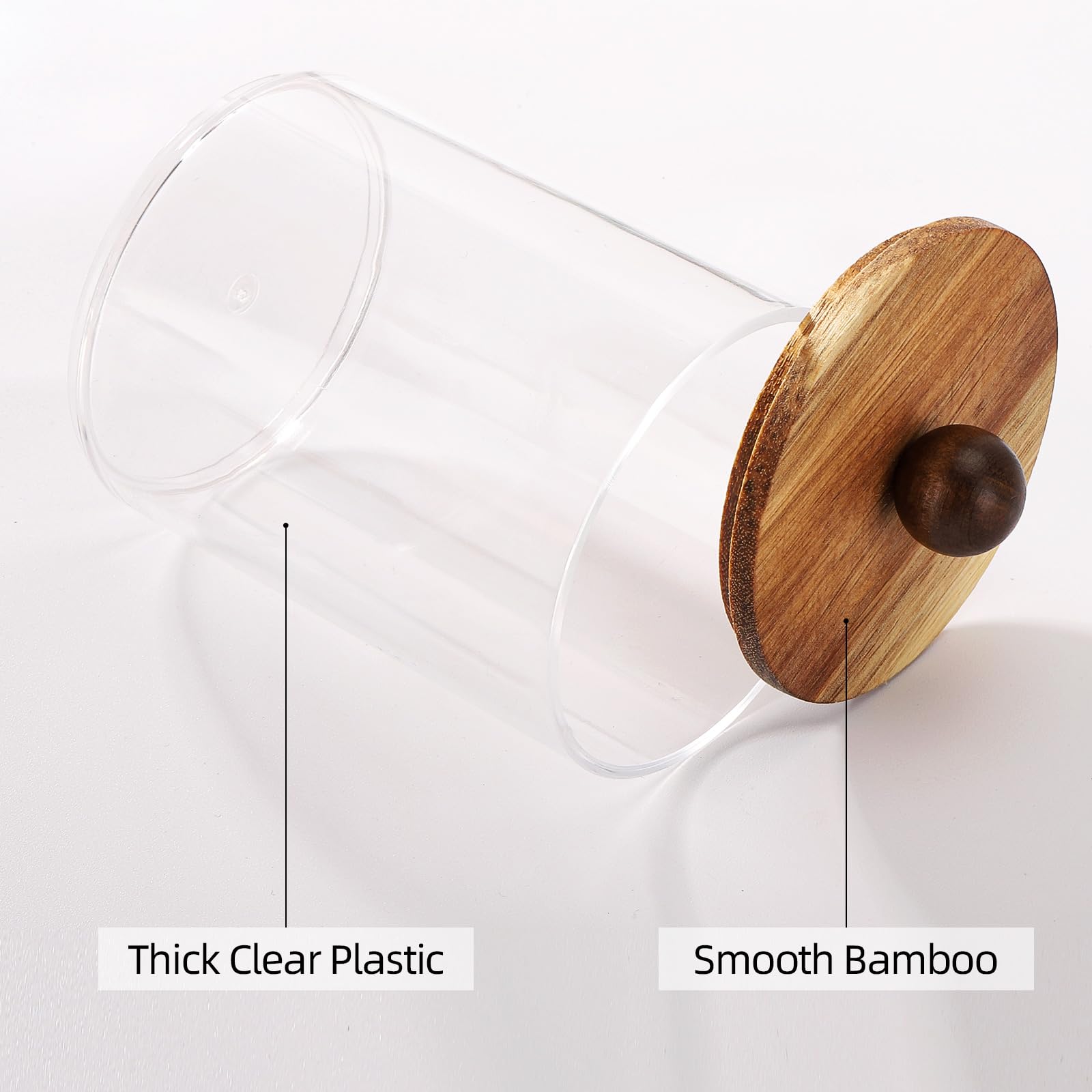 Tbestmax Qtip Holder With Wood Lids, 10Oz Plastic Apothecary Jars For Cotton Ball, Cotton Swab, Floss, Clear Bathroom Containers