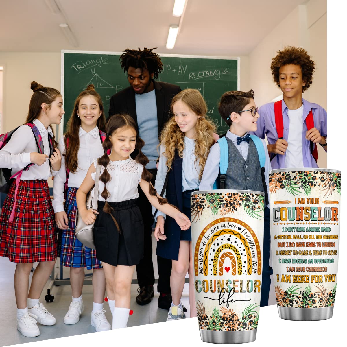 4Lieubasmi School Counselor Gifts 20Oz Tumbler, Counselor Appreciation Week, Modern Multicolor Rainbow Letter Print Stainless St