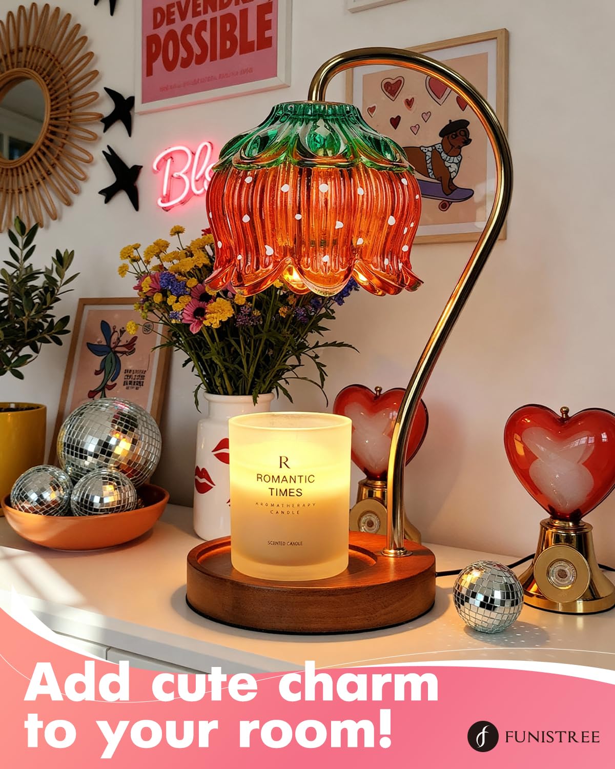 Funistree Strawberry Candle Warmer Lamp, Dimmable, Timer, Glass, 6.6x5.4x10.7 inches, A1-Strawberry, Model RLD-L