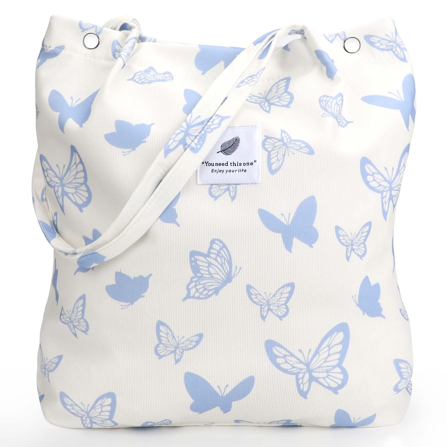 Lhmtqvk Corduroy Tote Bags For Women, Large Capacity Corduroy Bag Reusable Grocery Shoulder Bag With Inner Pockets(Blue Butterfl