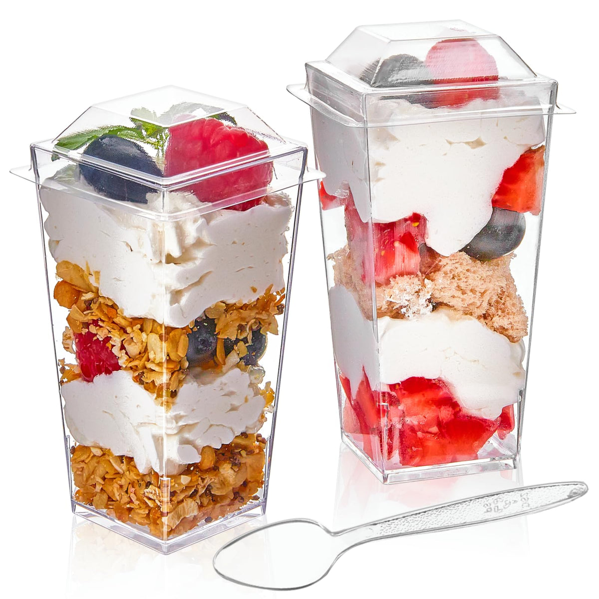 Qeirudu 3 Oz Mini Dessert Cups With Lids And Spoons, 50 Pack Plastic Parfait Cups Dessert Shooter Cups For Individual Appetizers