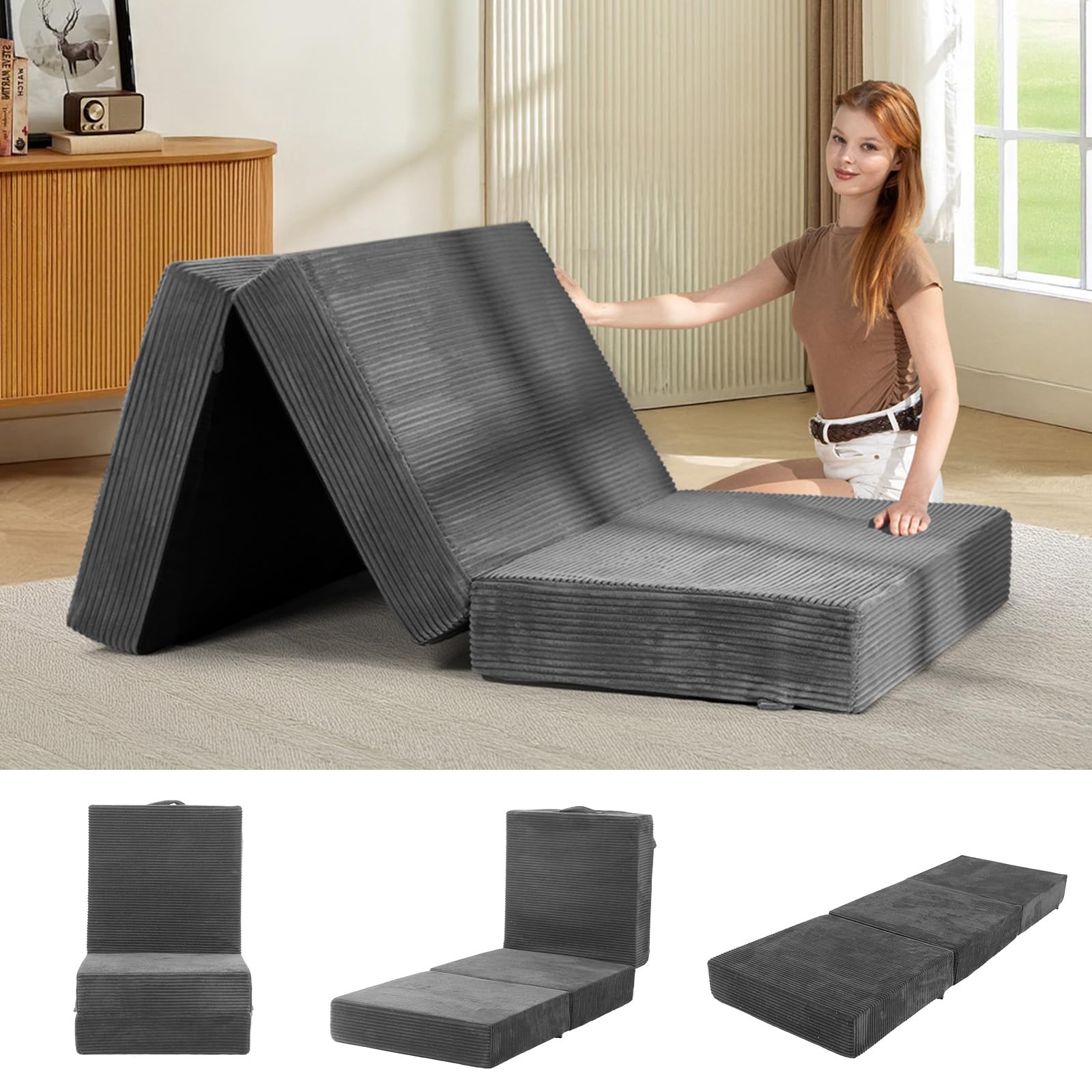 Feliz Home 6 Tri-Fold Mattress Foldable Floor Mattress Single Size, Tufted Folding Futon Foam Bed, Grey