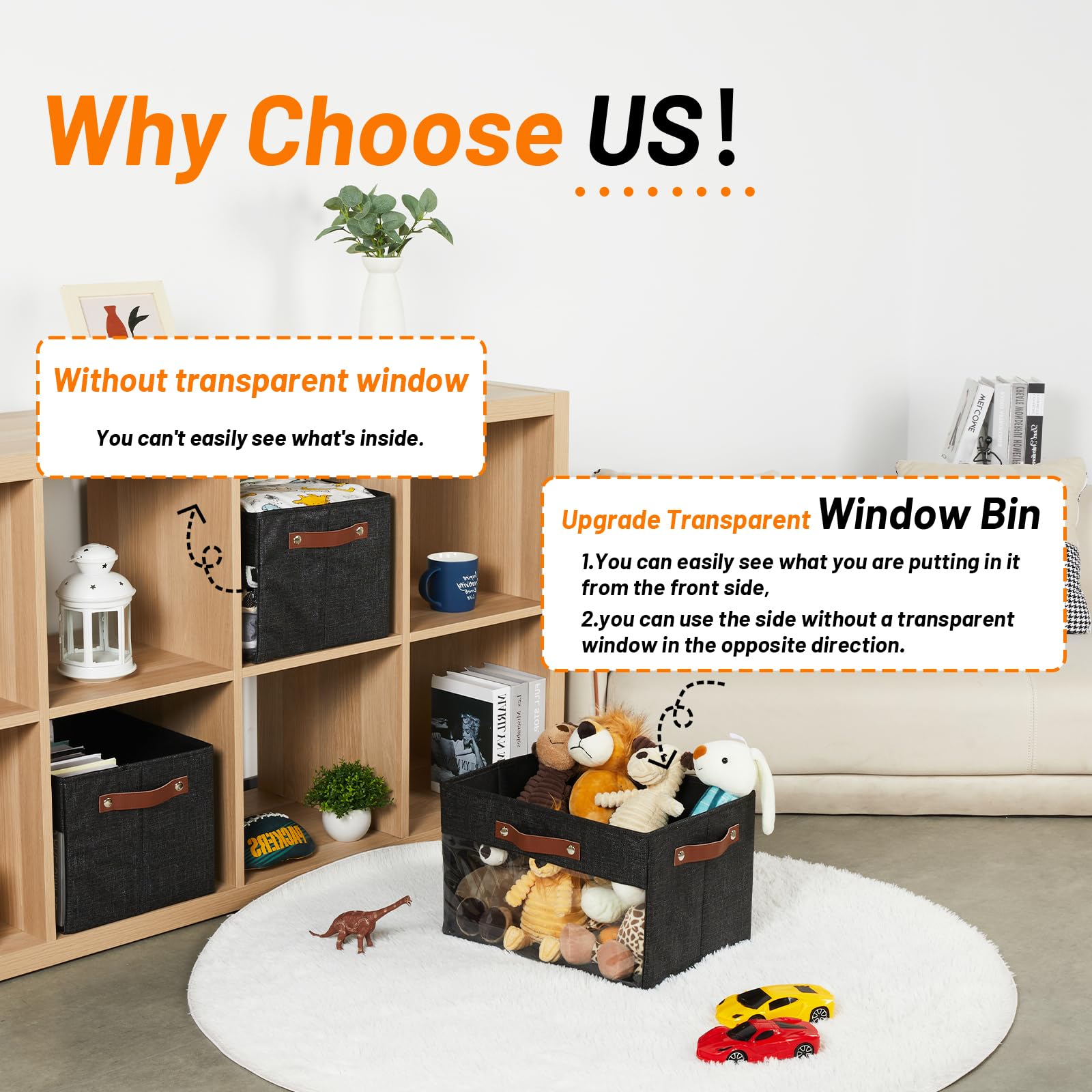 Hnzige Rectangle Large Storage Bins For Shelves With Clear Window, Collapsible Storage Bin Baskets For Shelves 3 Pack, Decorativ