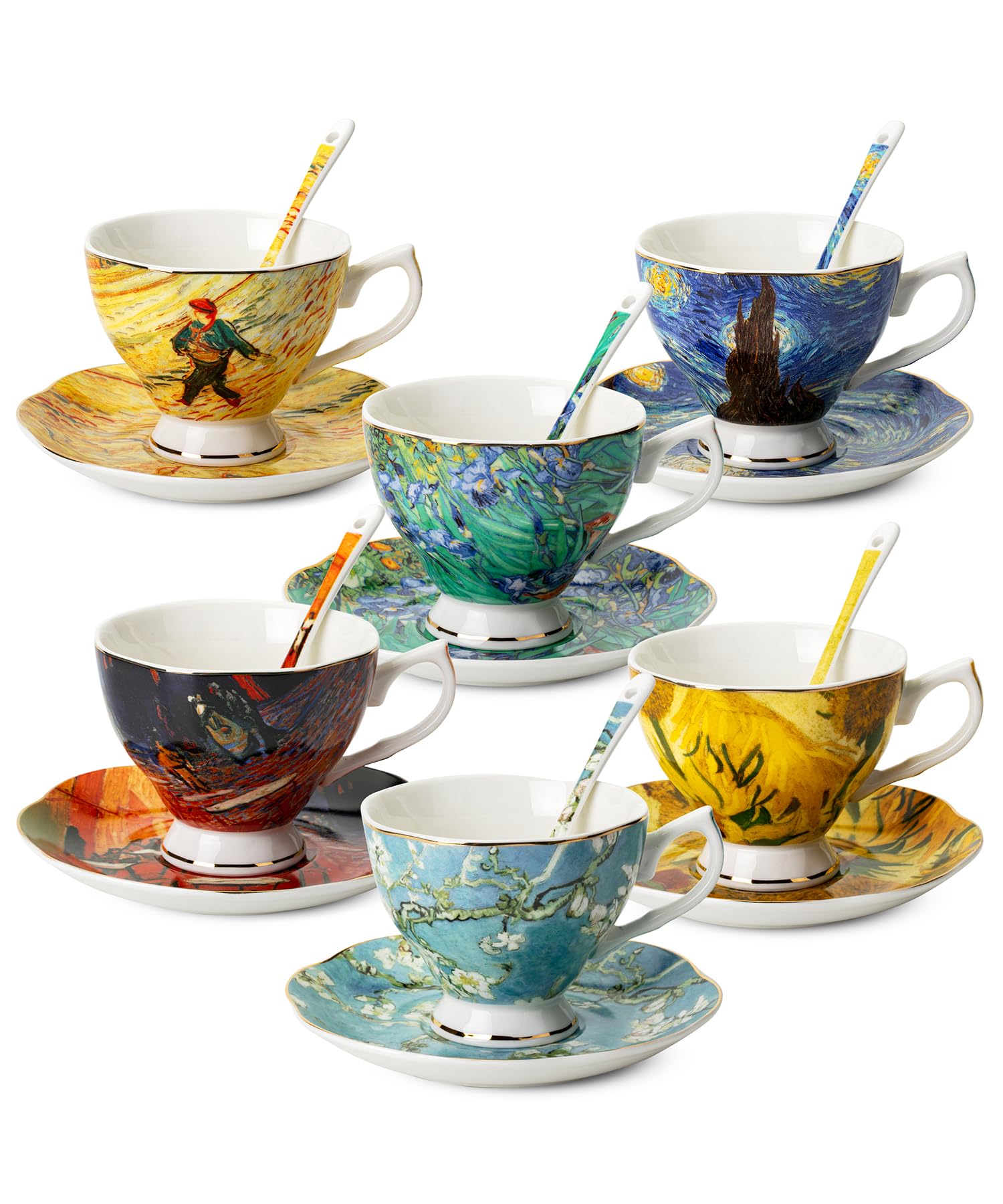 BTaT- Tea Cups and Saucers, Set of 6 with Spoon, 8 oz, Fine Porcelain Teacup Set with Gold Trim for Afternoon Tea, Weddings, Par