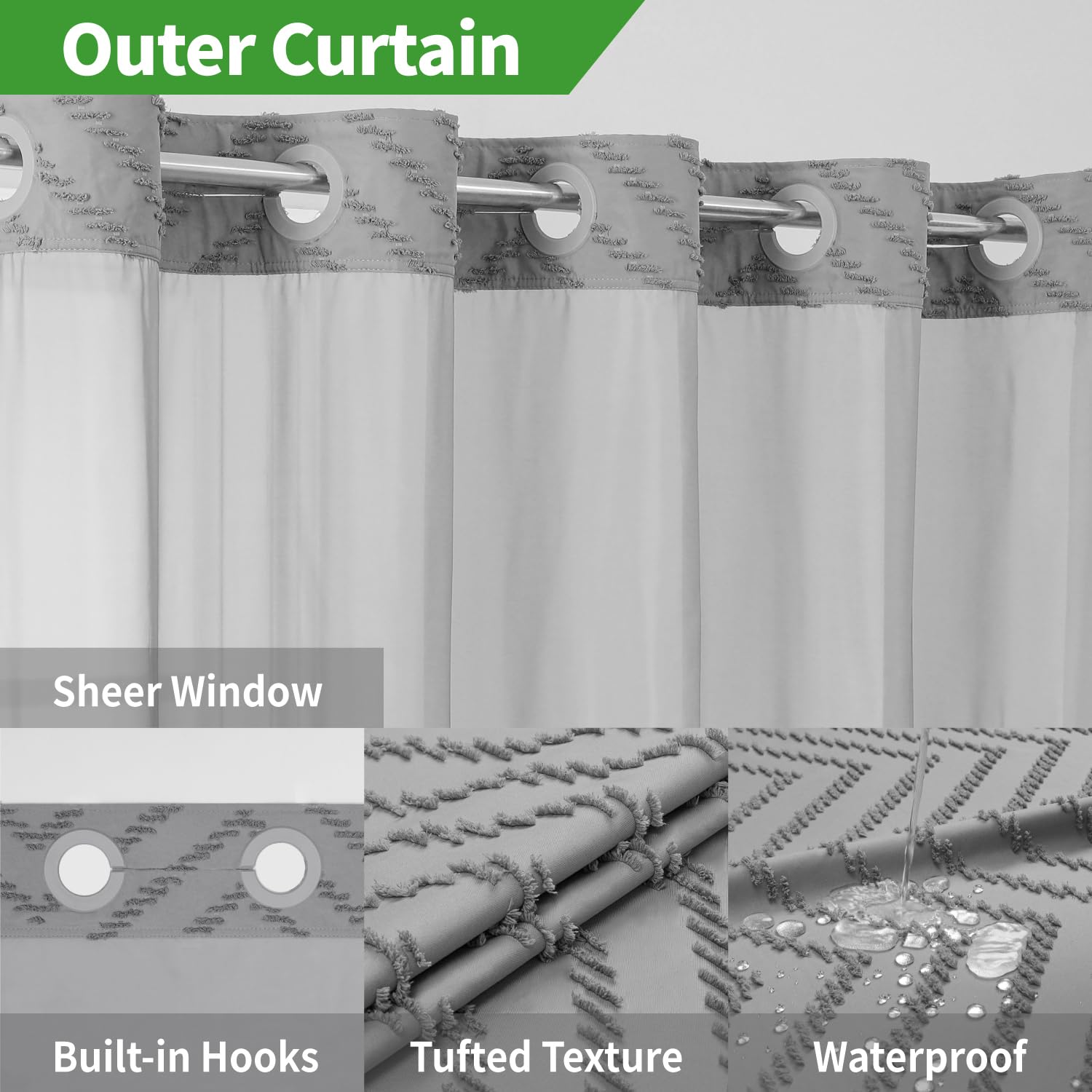 Eachope Long No Hook Tufted Chevron Striped Shower Curtain With Snap-In Fabric Liner Set-71Wx80H(78H),Grey Hotel Grade Boho Styl