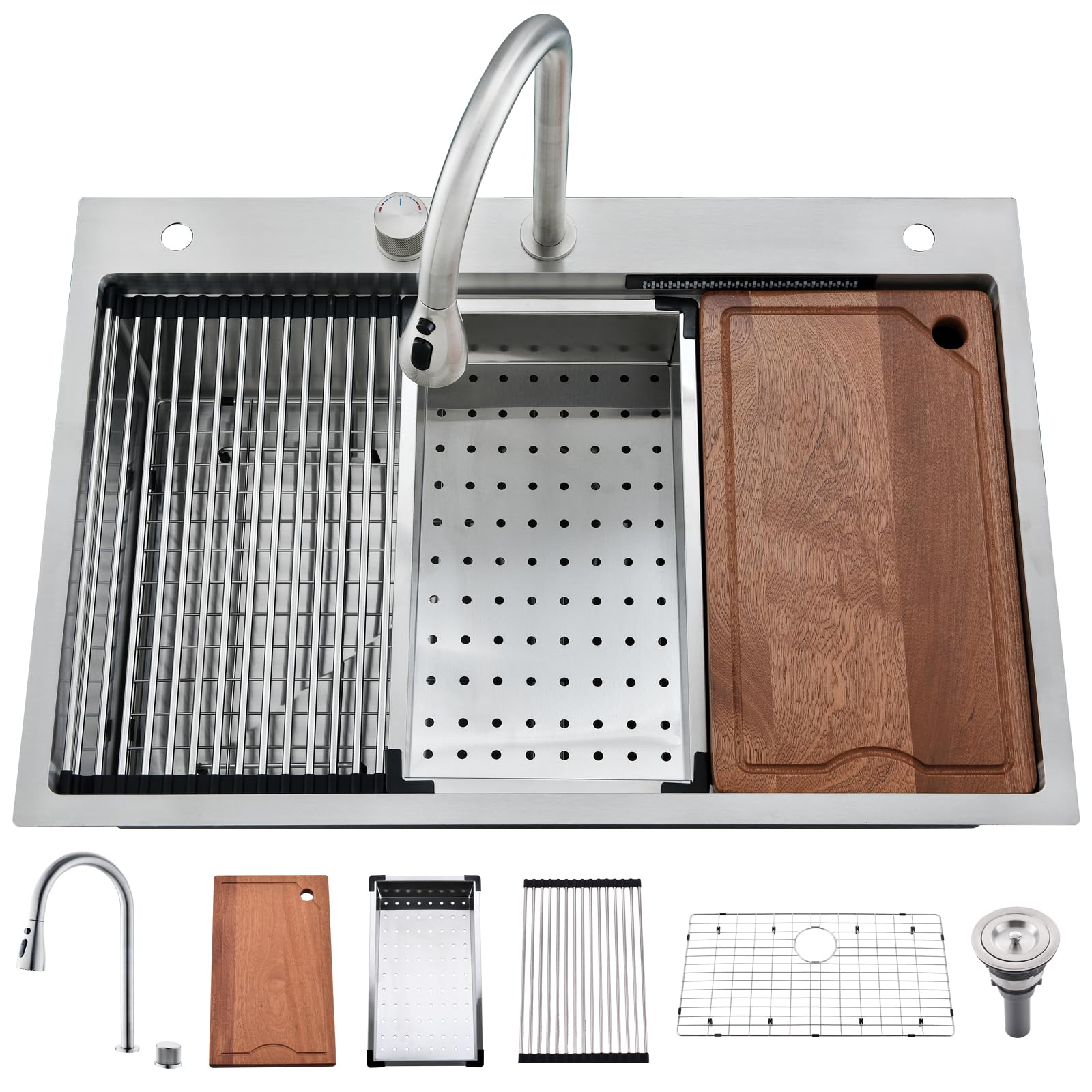 33X22 Drop In Waterfall Kitchen Sink Workstation-Somrxo Waterfall Kitchen Sink 33X22 Drop In Kitchen Sink With Waterfall Stainle