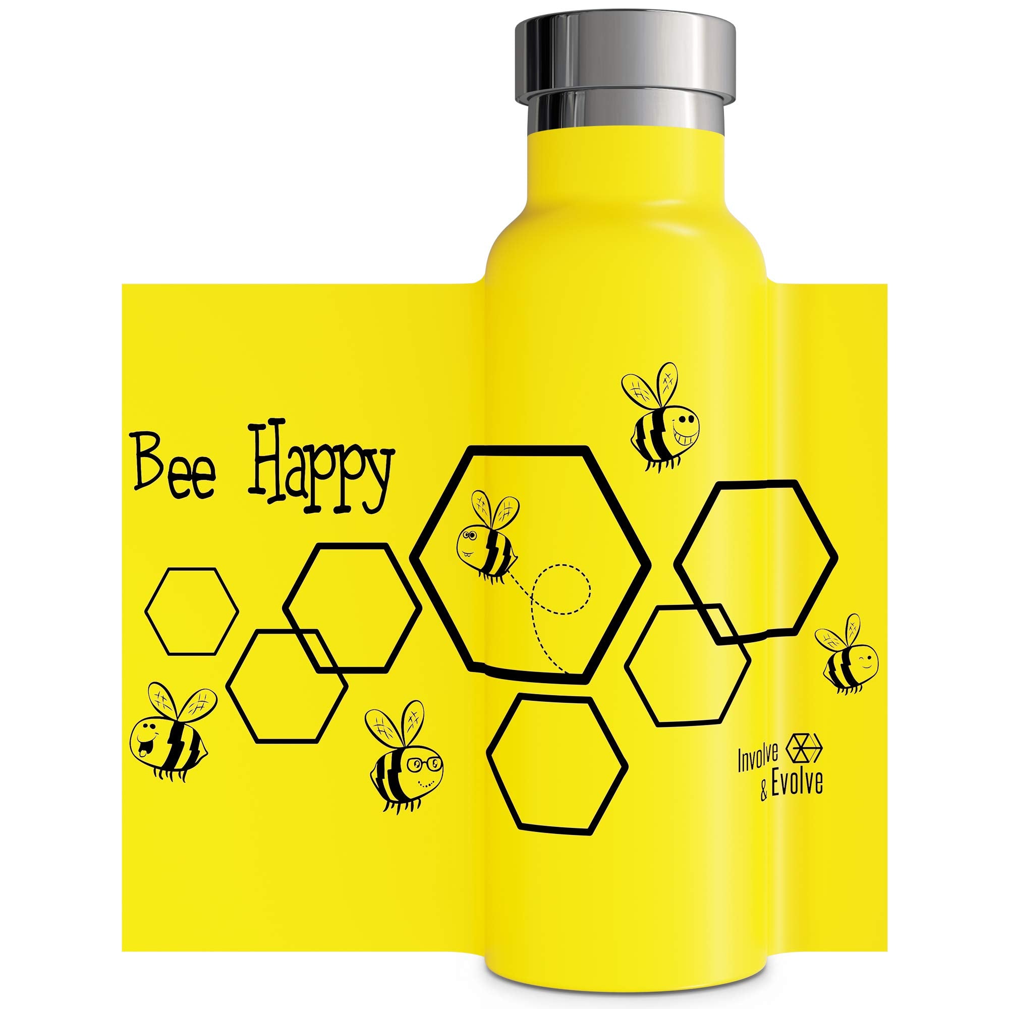 Involve & Evolve Insulated Water Bottle with 3 Lids (Straw Lid) Kids Reusable Double Walled Stainless Steel Flask Metal Bee Happy Thermos 12oz 17oz 20oz 25oz (20 oz  Yellow)