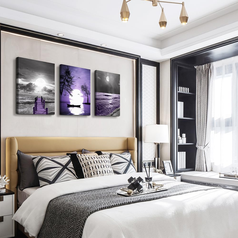 wall decorations for living room 3 Piece framed canvas wall art bathroom artwork for wall painting office bedroom wall decor Black and white ocean purple Landscape modern family Posters home decor