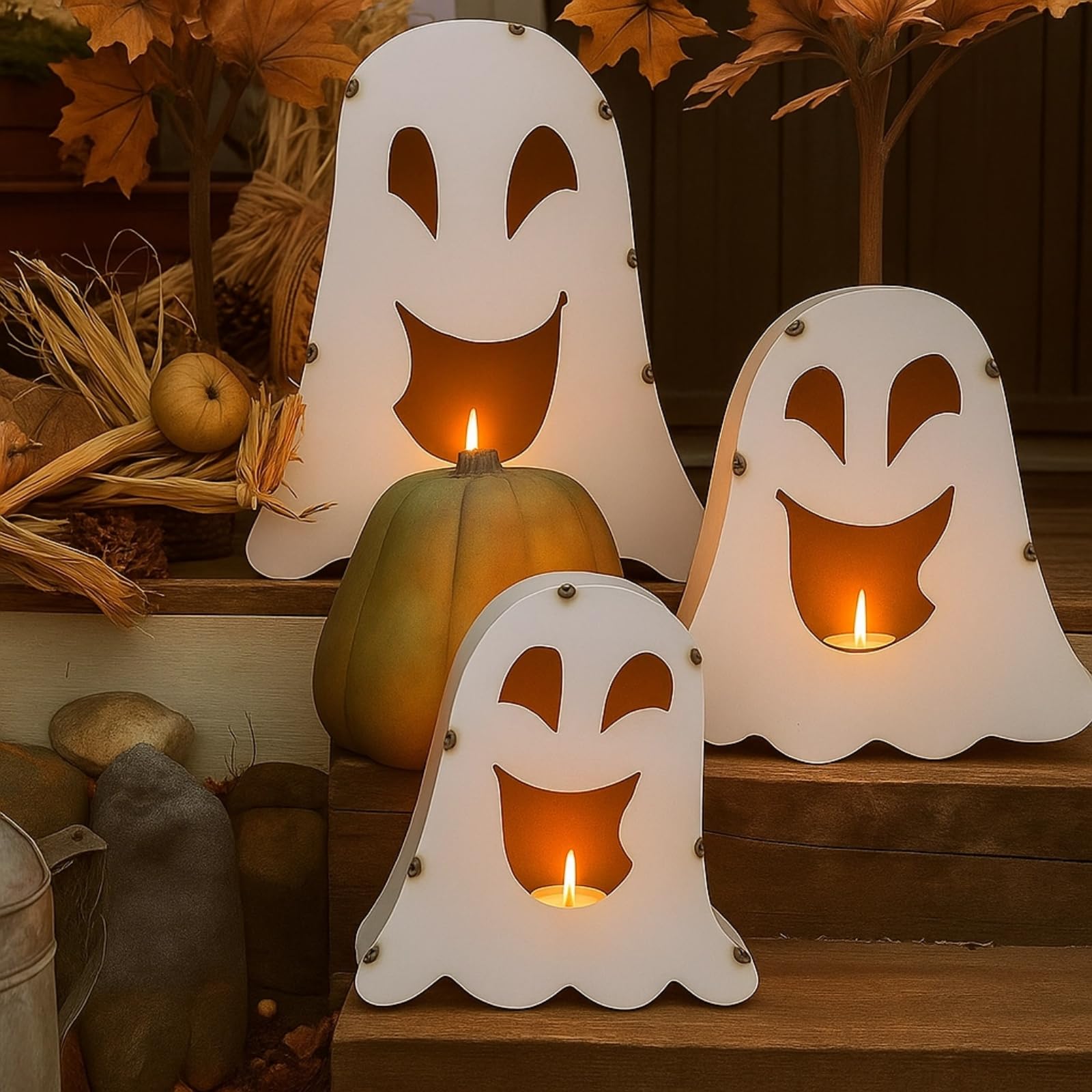Otoolling 3 Pack Halloween Ghost Metal Lanterns 11-19 Tall 3 Size Large Metal Spooky Ghost Candleholders Centerpiece for Indoor 