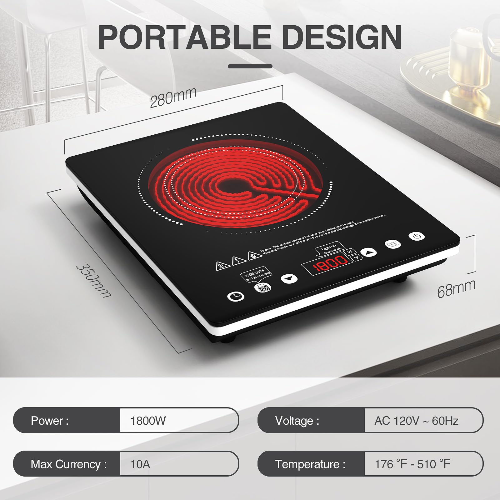 ANHANE Electric Cooktop, 12 Inch Single Burner Portable Ceramic Stove, 110V with Power Levels & Overheat Protection